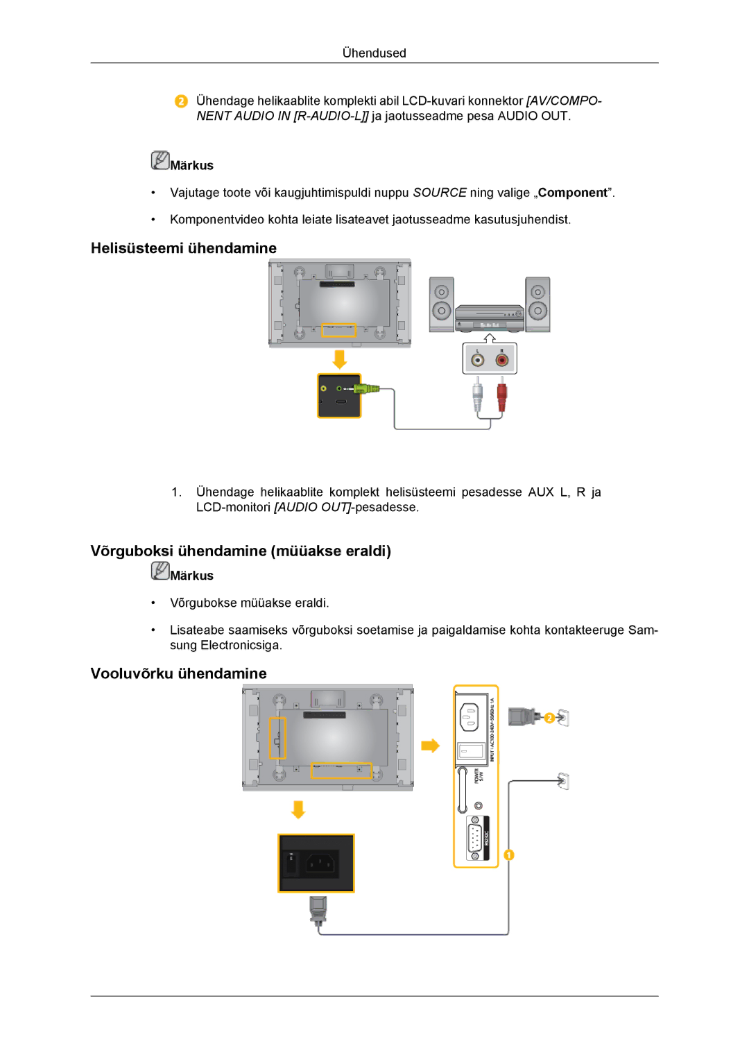 Samsung LH46DRBPLBB/EN manual Helisüsteemi ühendamine, Võrguboksi ühendamine müüakse eraldi, Vooluvõrku ühendamine 