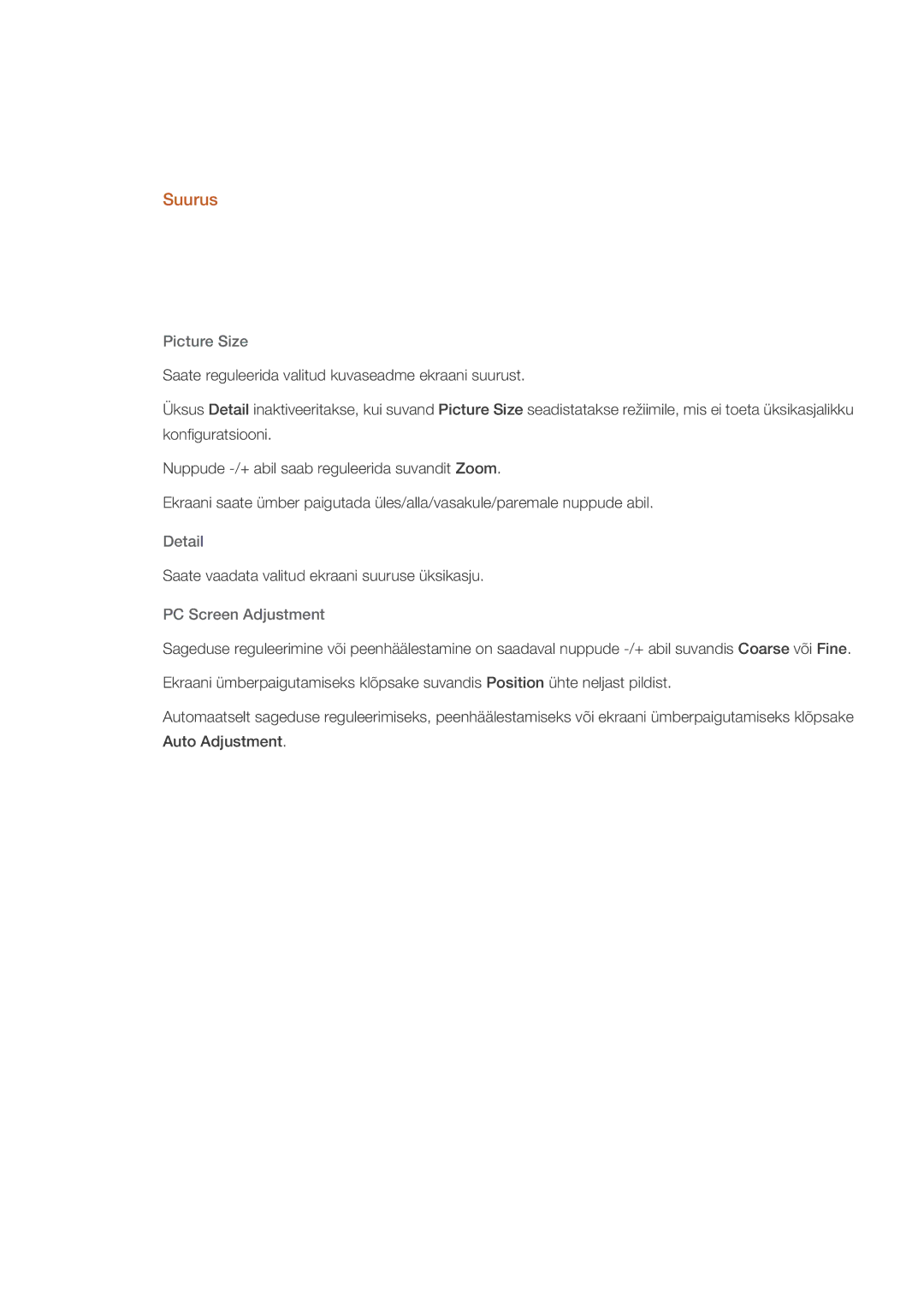 Samsung LH46DRBPLBB/EN manual Suurus, Picture Size, Detail, PC Screen Adjustment 