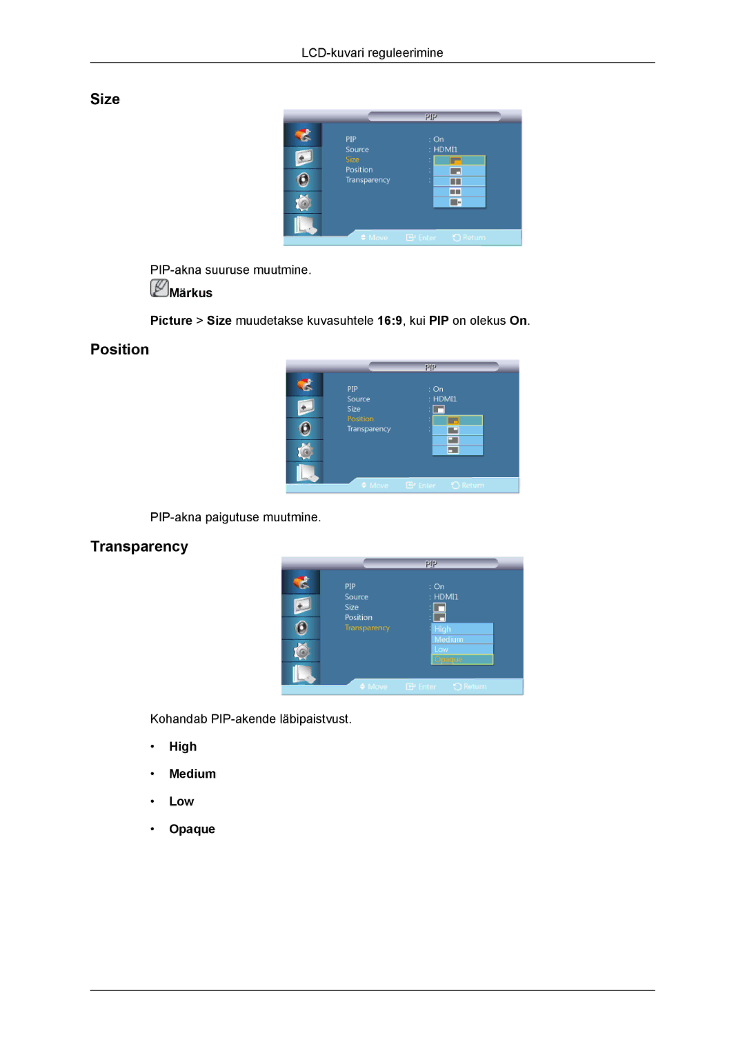 Samsung LH46DRBPLBB/EN manual Size, Position, Transparency, High Medium Low Opaque 