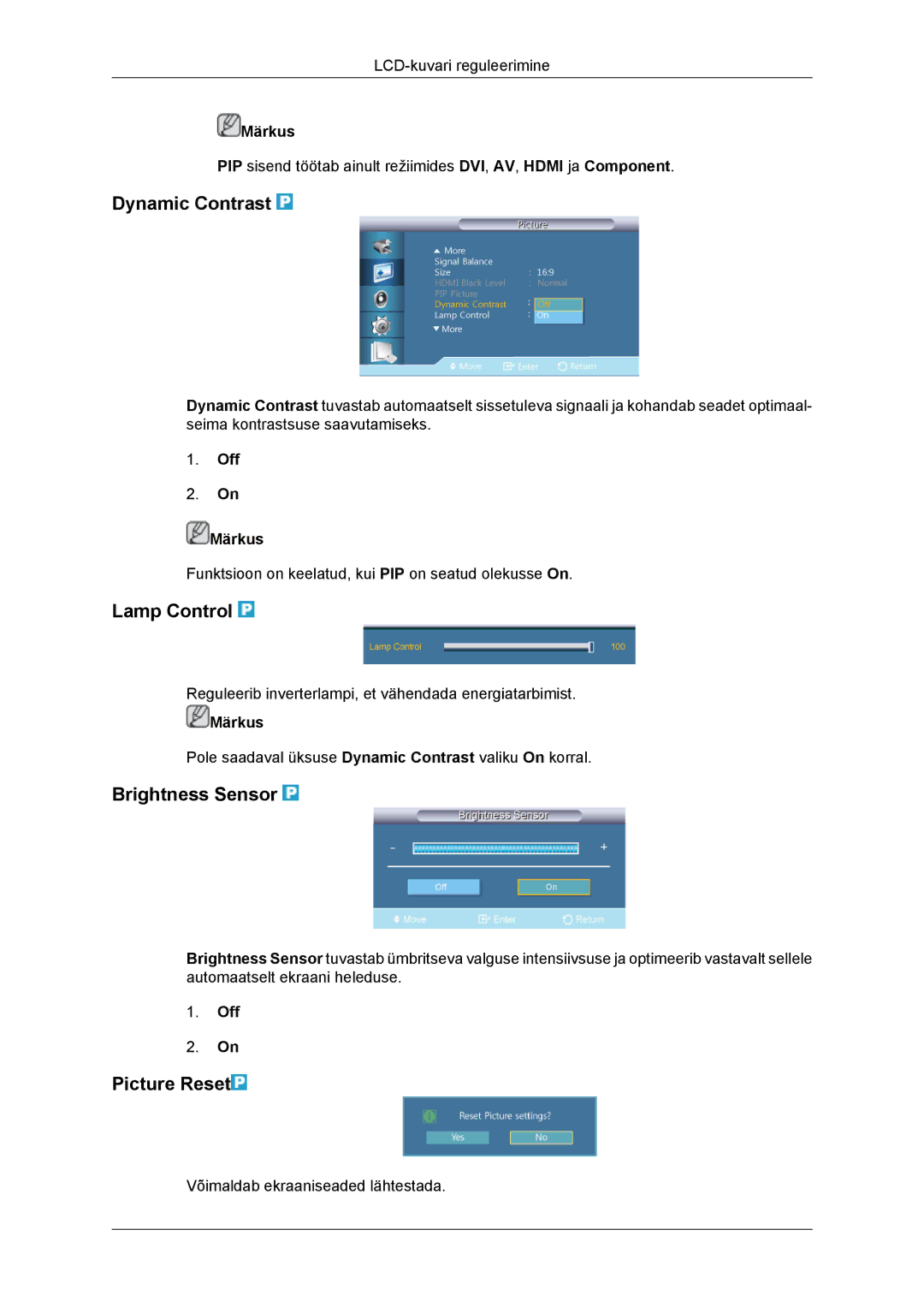 Samsung LH46DRBPLBB/EN manual Dynamic Contrast, Lamp Control, Brightness Sensor, Picture Reset, Off Märkus 