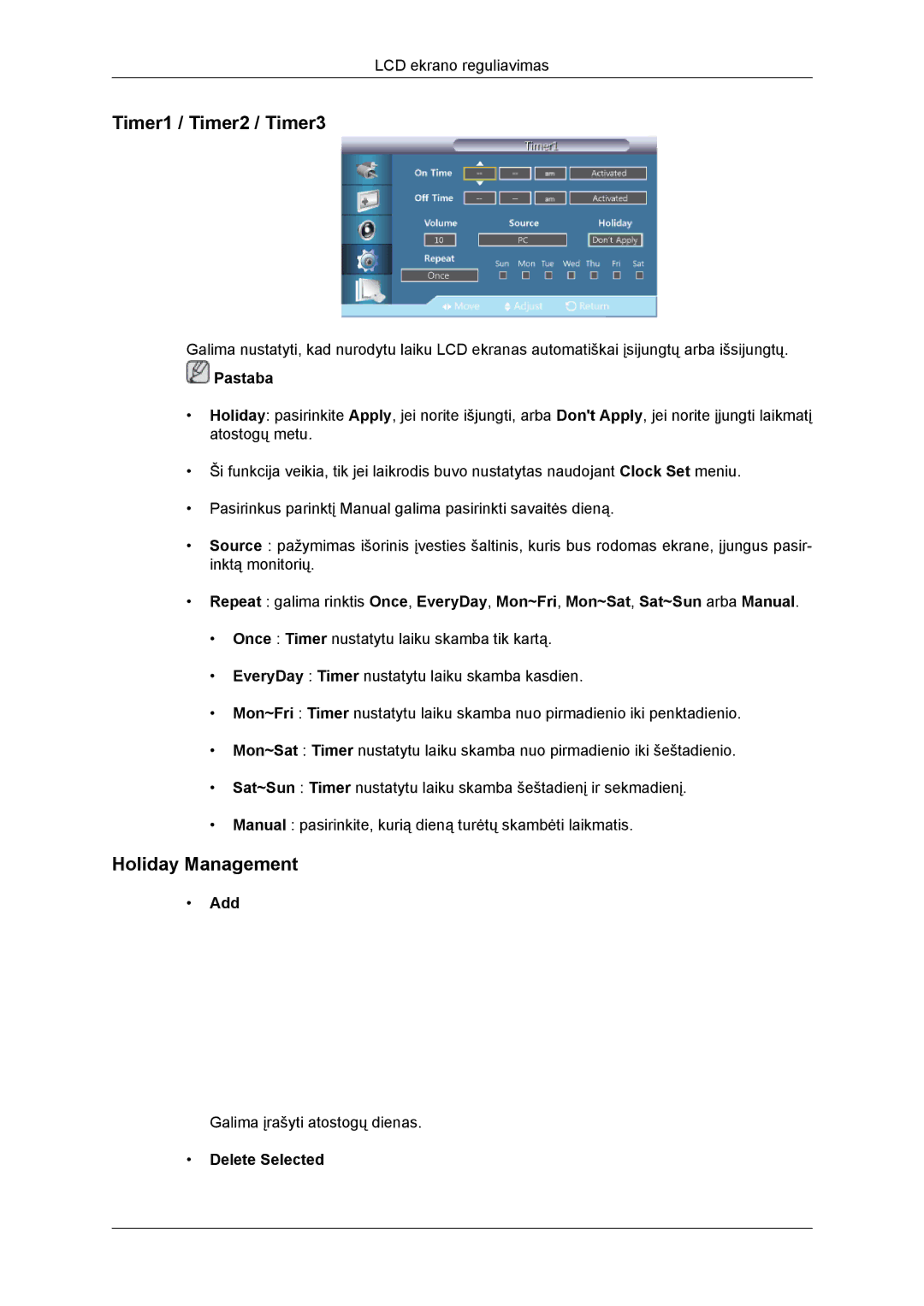 Samsung LH46DRBPLBB/EN manual Timer1 / Timer2 / Timer3, Holiday Management, Add, Delete Selected 