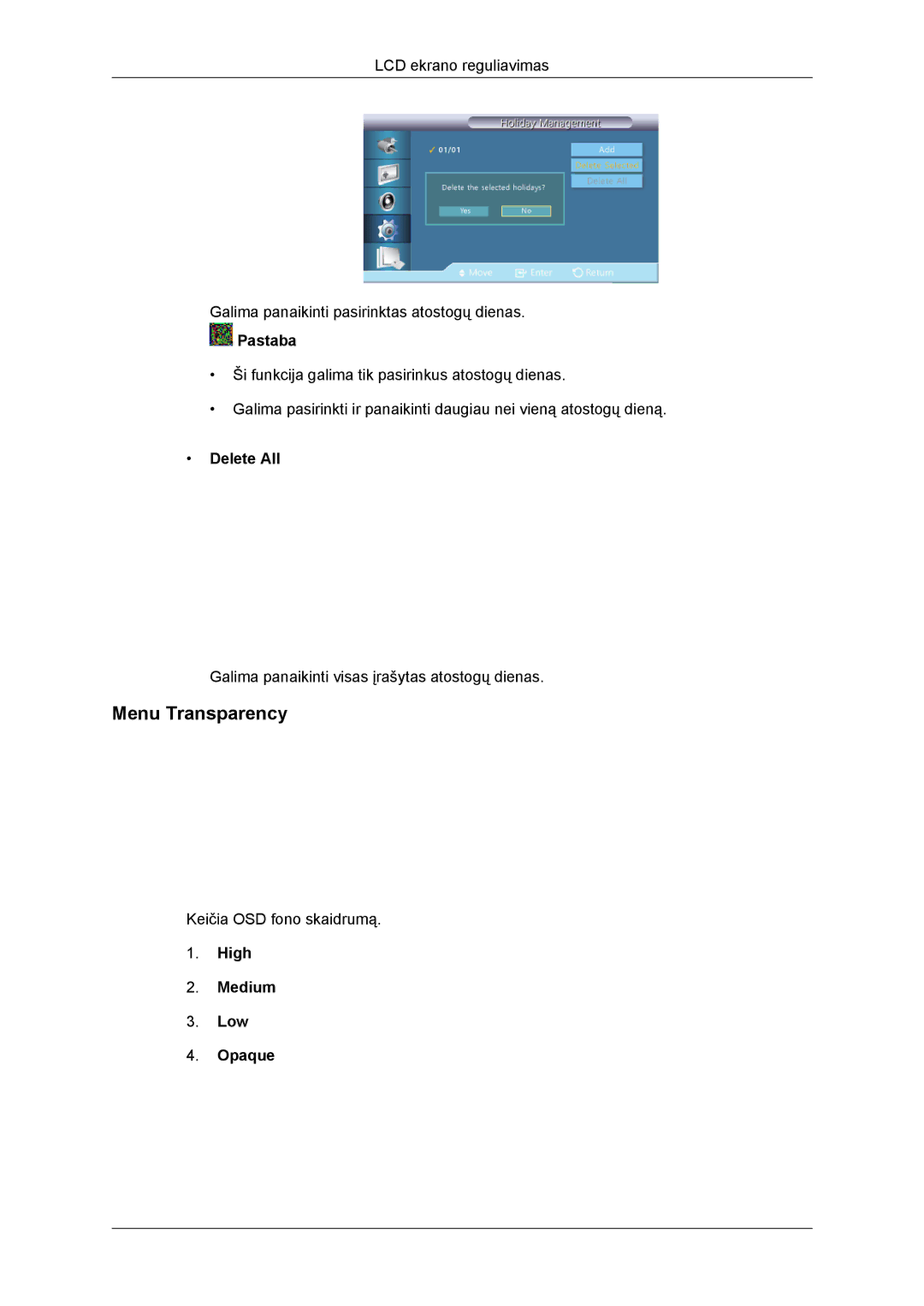 Samsung LH46DRBPLBB/EN manual Menu Transparency, Delete All 