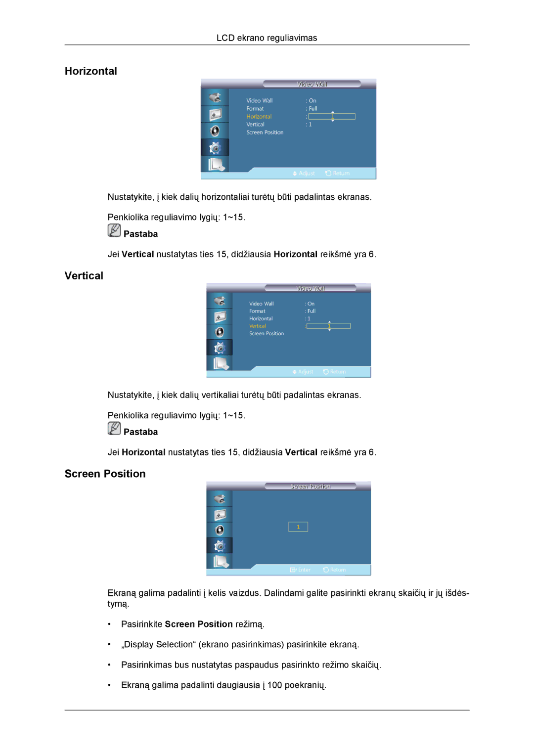 Samsung LH46DRBPLBB/EN manual Horizontal, Vertical, Screen Position 