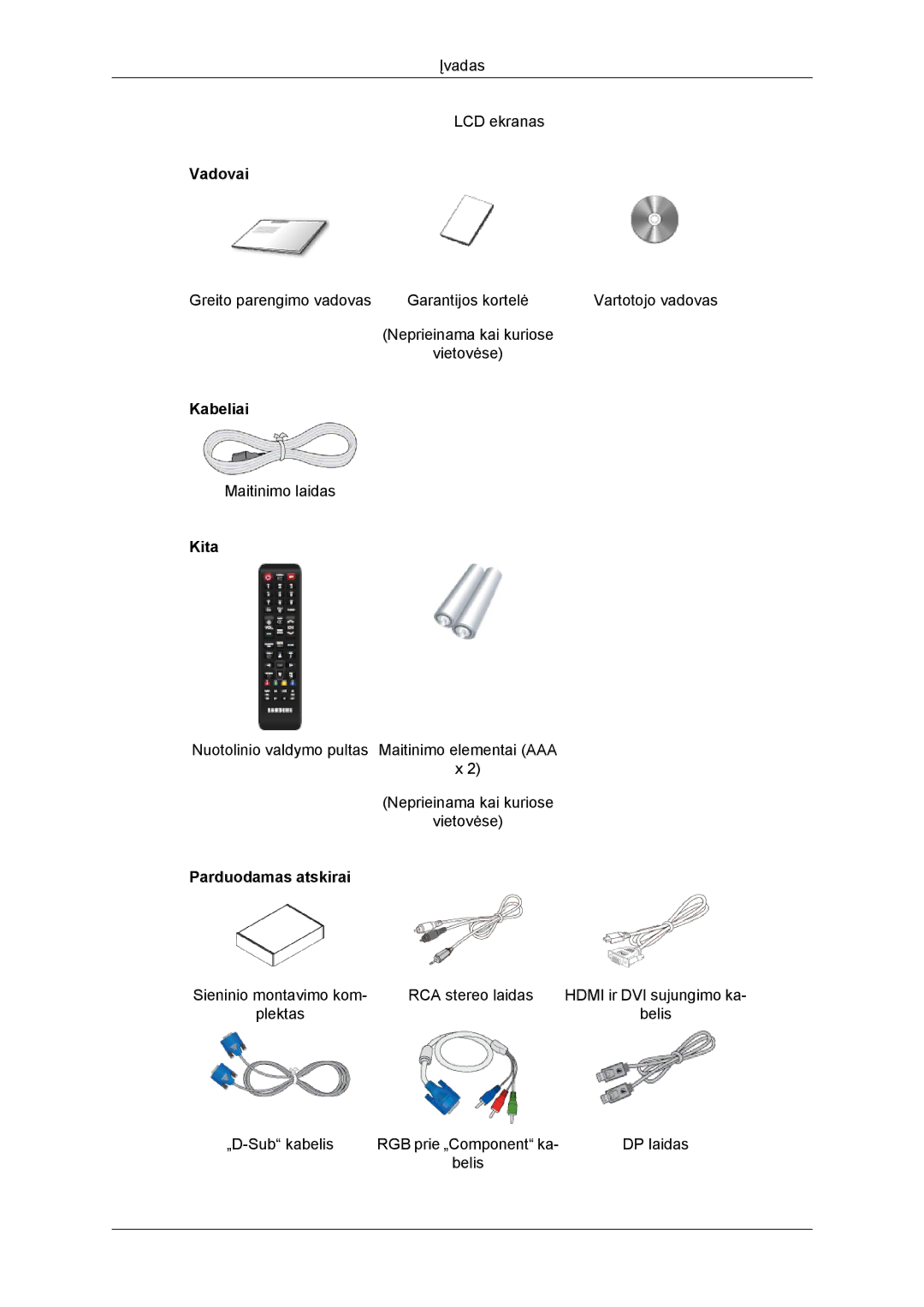 Samsung LH46DRBPLBB/EN manual Vadovai, Kabeliai, Kita, Parduodamas atskirai 