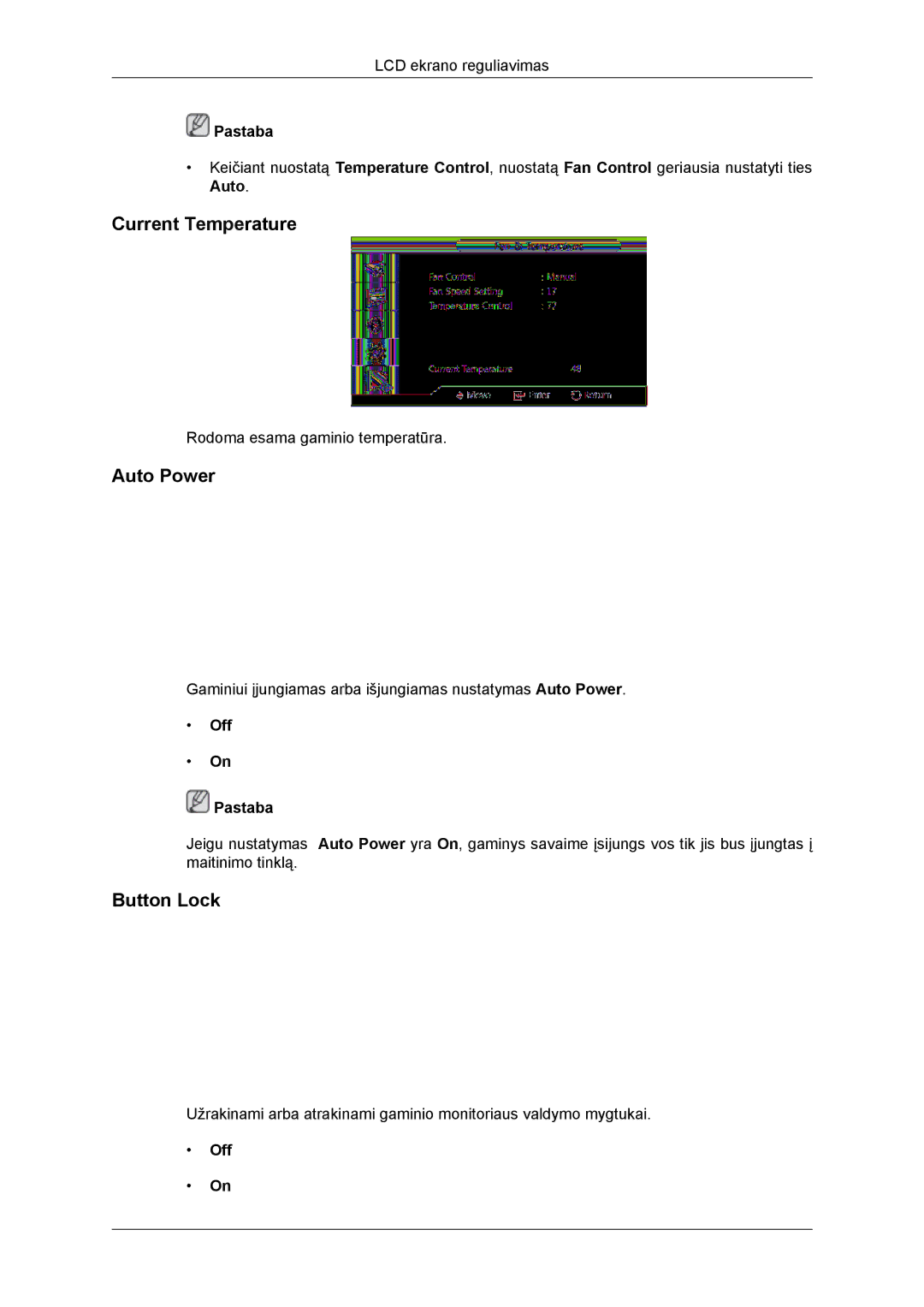 Samsung LH46DRBPLBB/EN manual Current Temperature, Auto Power, Button Lock 