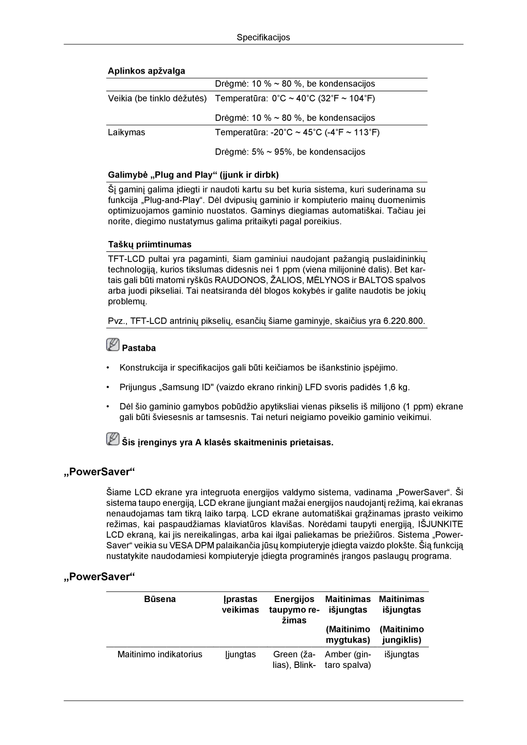 Samsung LH46DRBPLBB/EN manual „PowerSaver, Galimybė „Plug and Play įjunk ir dirbk, Taškų priimtinumas 