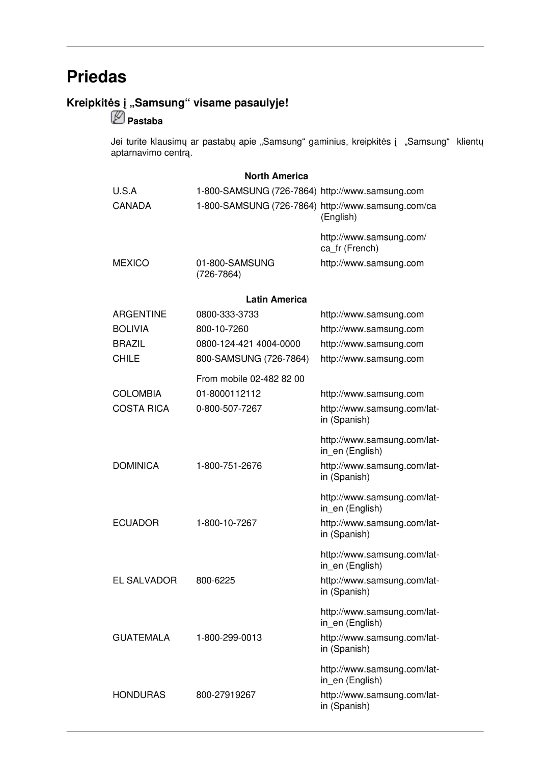 Samsung LH46DRBPLBB/EN manual Kreipkitės į „Samsung visame pasaulyje, North America, Latin America 