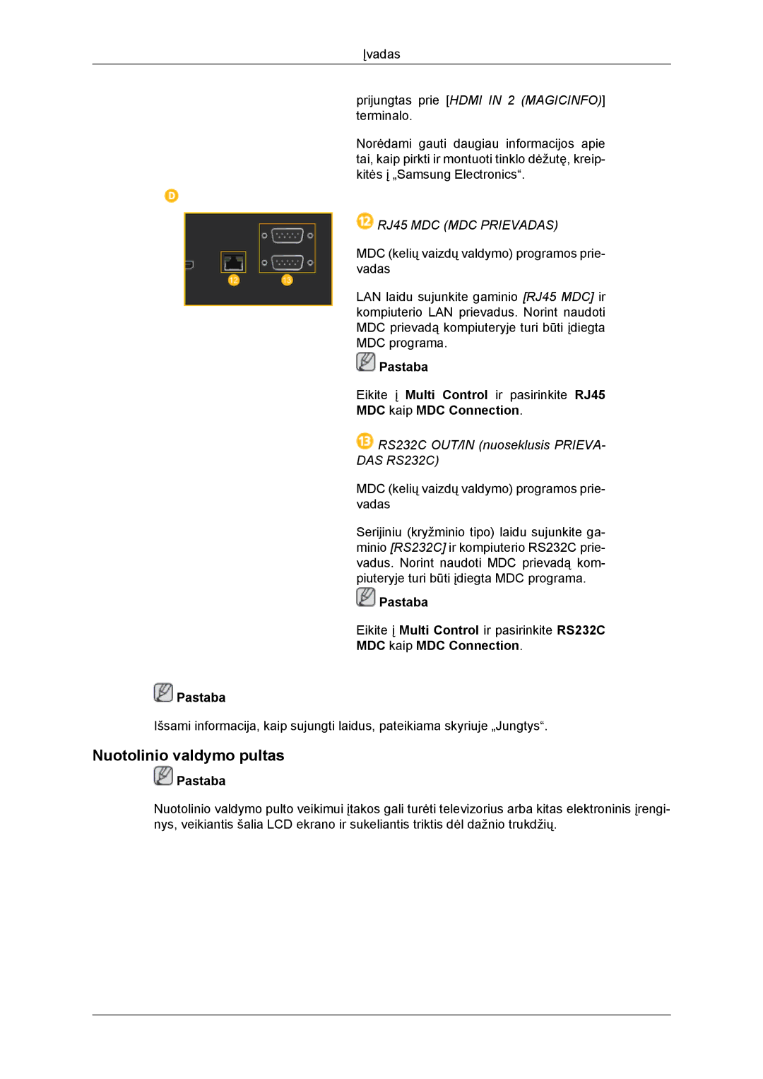 Samsung LH46DRBPLBB/EN manual Nuotolinio valdymo pultas, MDC kaip MDC Connection Pastaba 