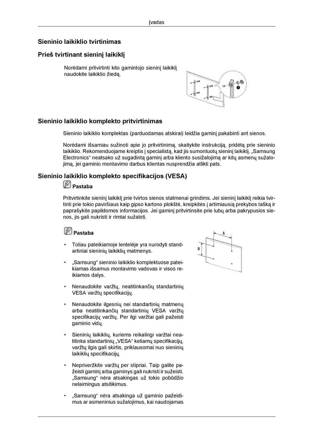 Samsung LH46DRBPLBB/EN manual Sieninio laikiklio komplekto pritvirtinimas, Sieninio laikiklio komplekto specifikacijos Vesa 