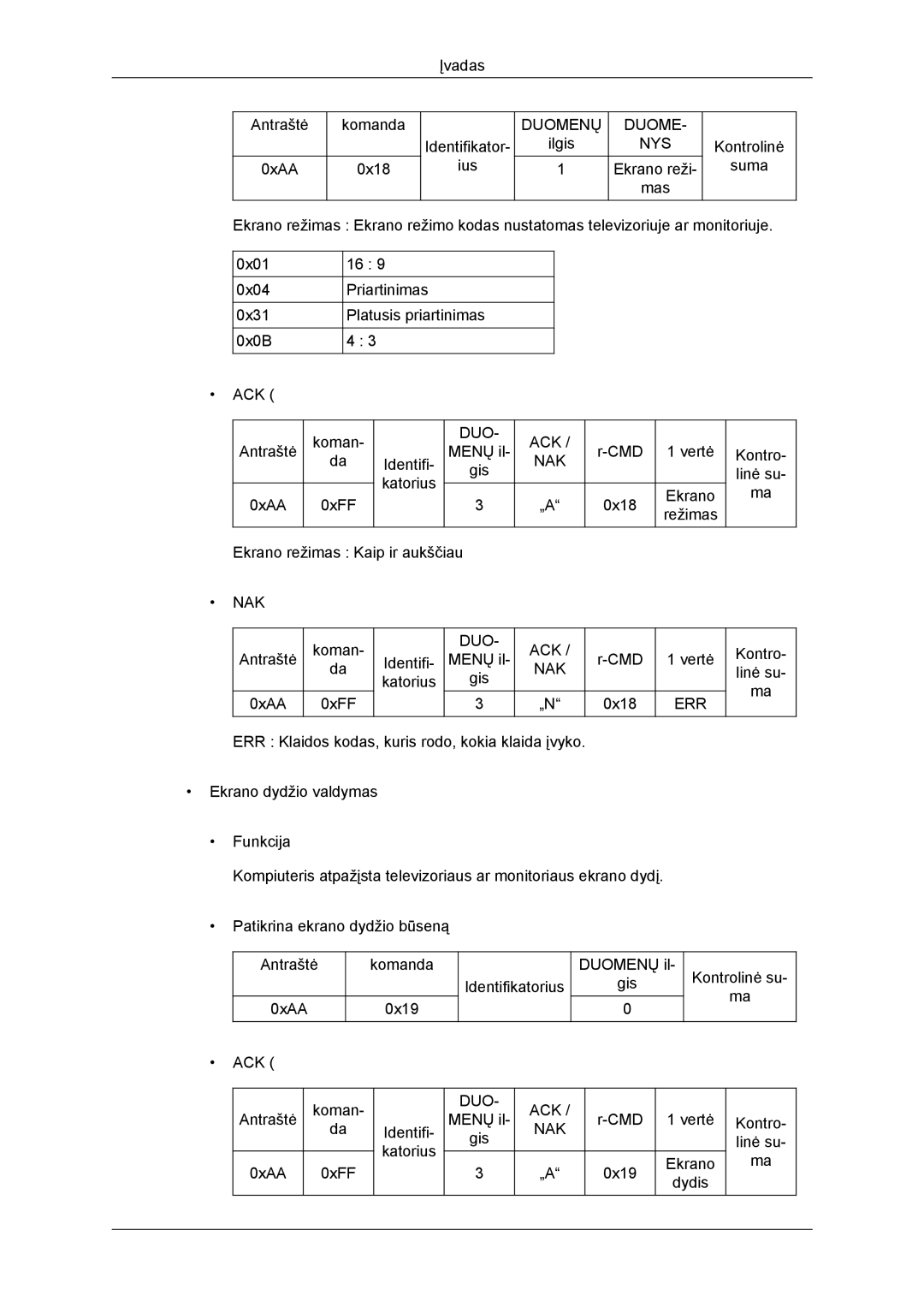 Samsung LH46DRBPLBB/EN manual Įvadas Antraštė 0xAA Komanda 0x18 Identifikator Ius 