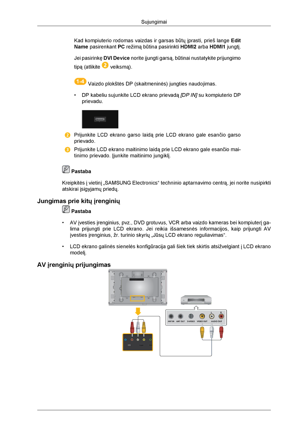 Samsung LH46DRBPLBB/EN manual Jungimas prie kitų įrenginių, AV įrenginių prijungimas 