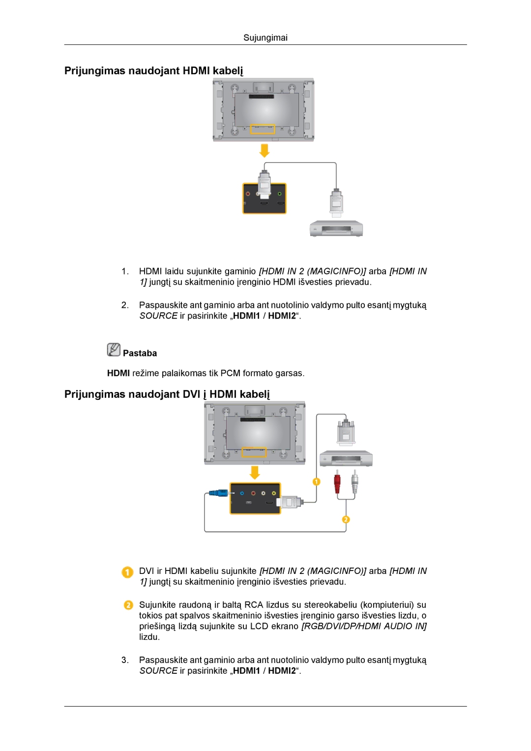 Samsung LH46DRBPLBB/EN manual Prijungimas naudojant Hdmi kabelį, Prijungimas naudojant DVI į Hdmi kabelį 