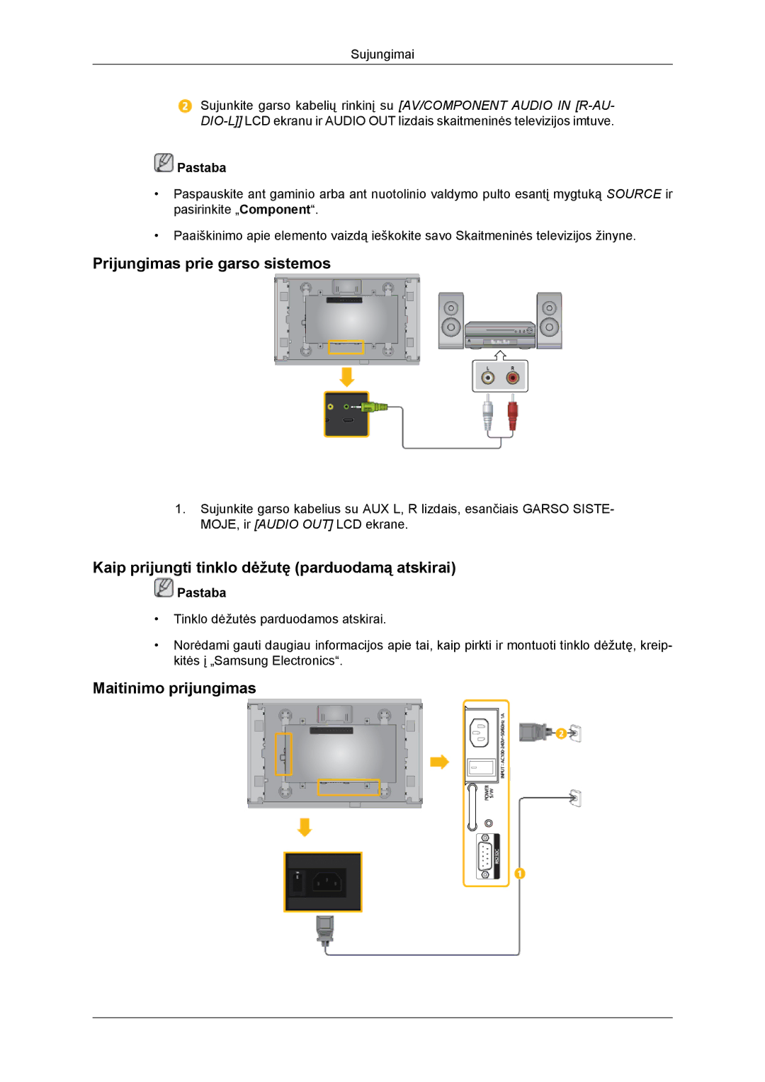 Samsung LH46DRBPLBB/EN manual Prijungimas prie garso sistemos, Kaip prijungti tinklo dėžutę parduodamą atskirai 