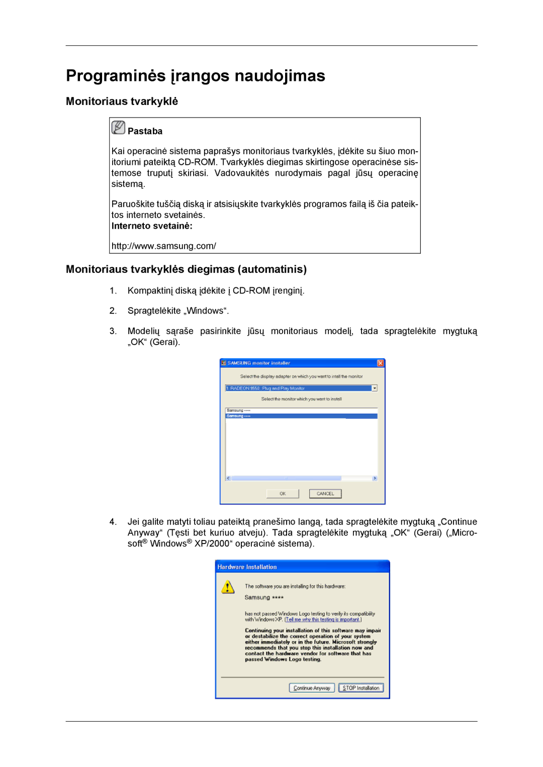 Samsung LH46DRBPLBB/EN manual Monitoriaus tvarkyklės diegimas automatinis, Interneto svetainė 