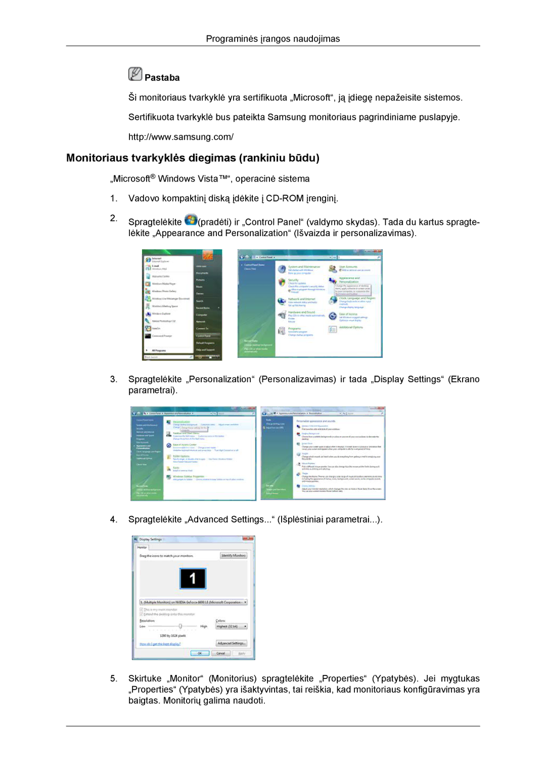 Samsung LH46DRBPLBB/EN manual Monitoriaus tvarkyklės diegimas rankiniu būdu 