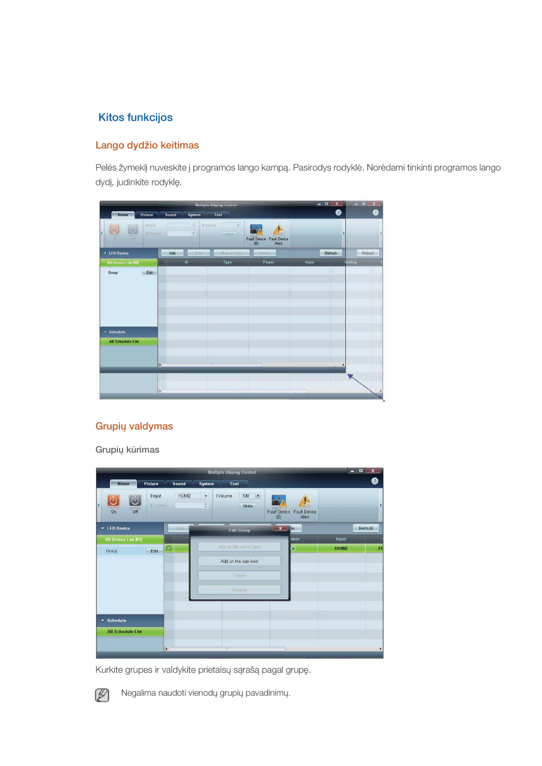 Samsung LH46DRBPLBB/EN manual Kitos funkcijos, Lango dydžio keitimas, Grupių valdymas, Grupių kūrimas 