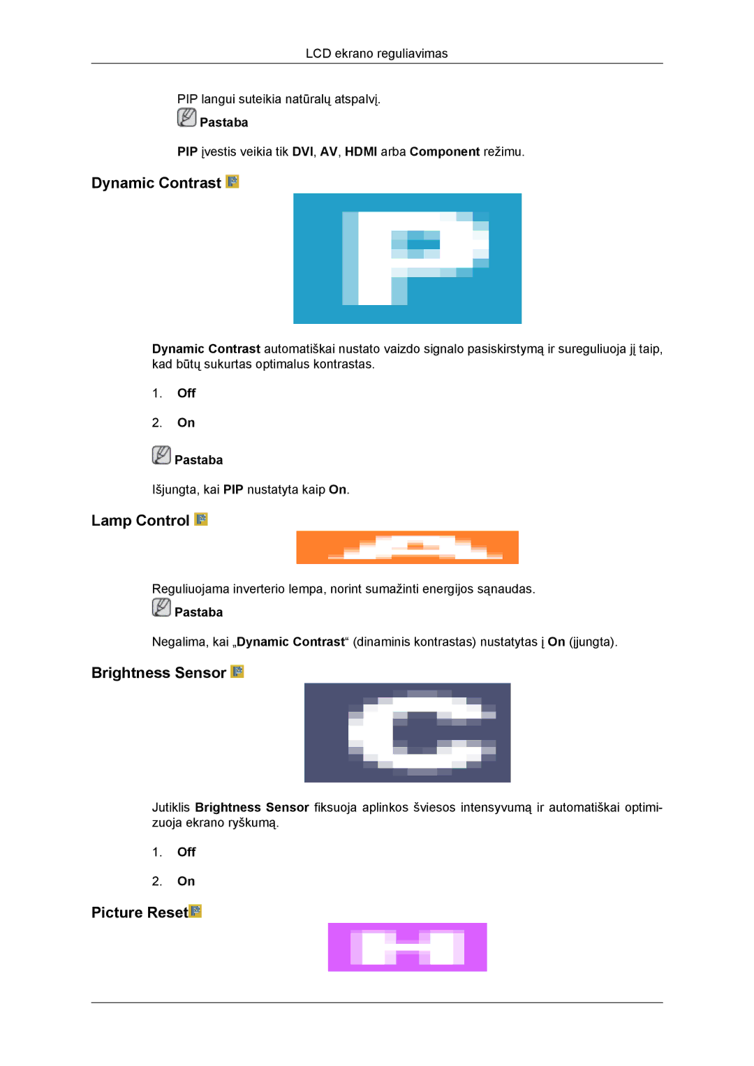 Samsung LH46DRBPLBB/EN manual Dynamic Contrast, Lamp Control, Brightness Sensor, Picture Reset, Off Pastaba 