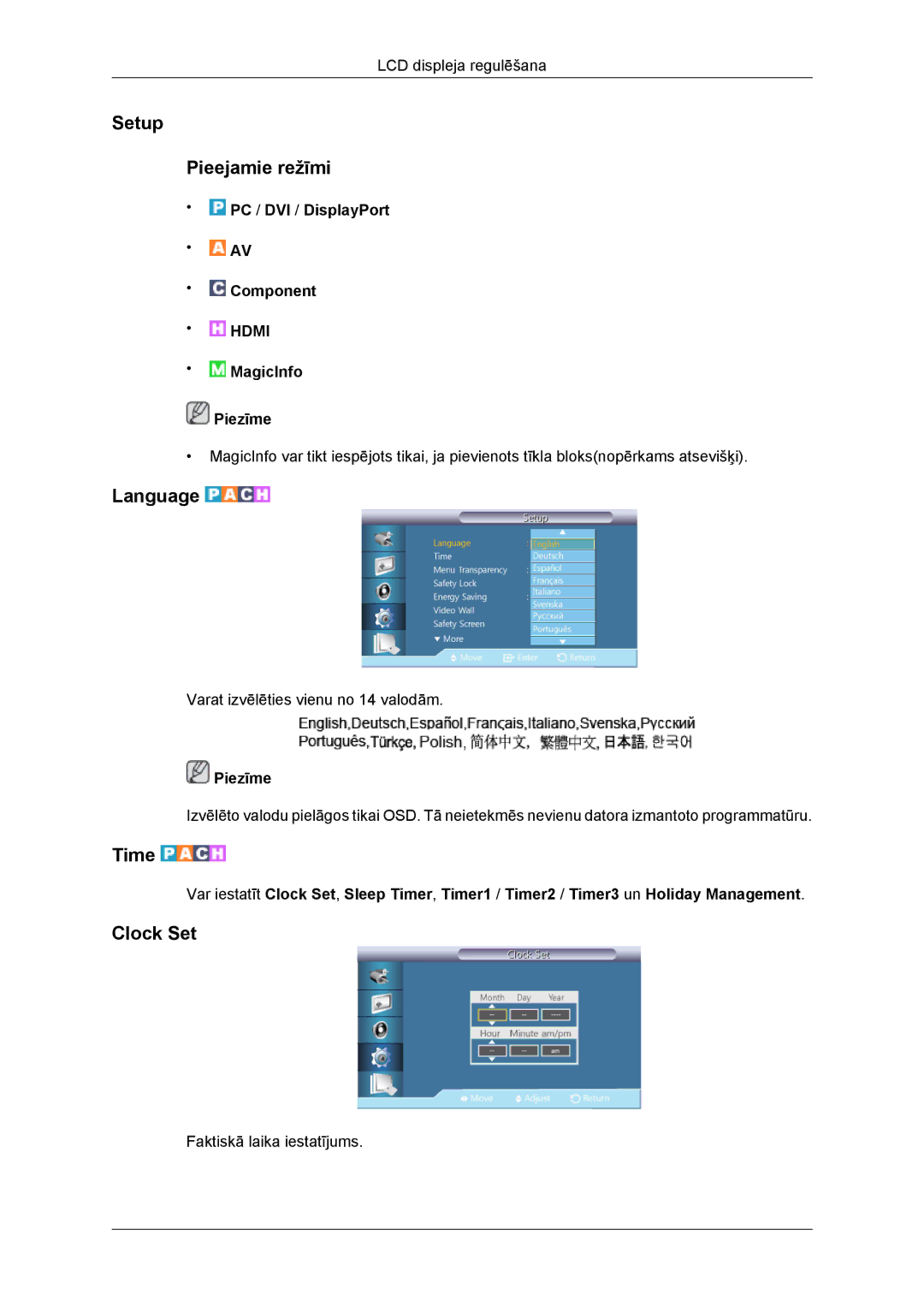 Samsung LH46DRBPLBB/EN manual Setup Pieejamie režīmi, Language, Time, Clock Set 