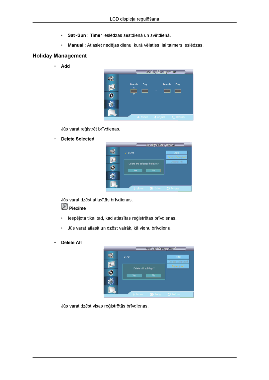 Samsung LH46DRBPLBB/EN manual Holiday Management, Add, Delete Selected, Delete All 