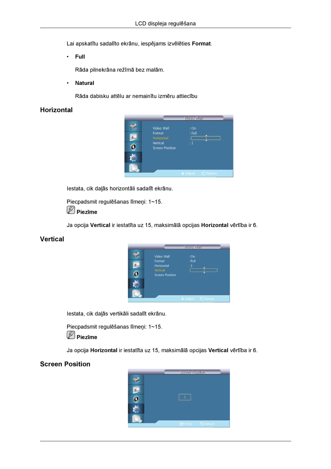 Samsung LH46DRBPLBB/EN manual Horizontal, Vertical, Screen Position, Full 