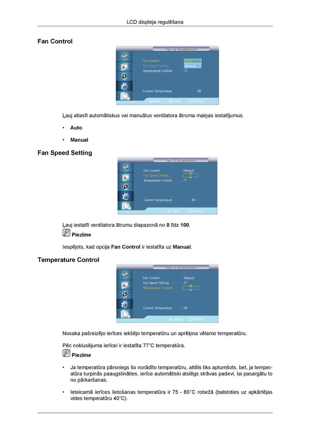 Samsung LH46DRBPLBB/EN manual Fan Control, Fan Speed Setting, Temperature Control, Auto Manual 