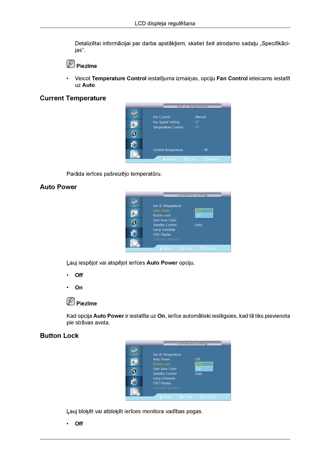 Samsung LH46DRBPLBB/EN manual Current Temperature, Auto Power, Button Lock 