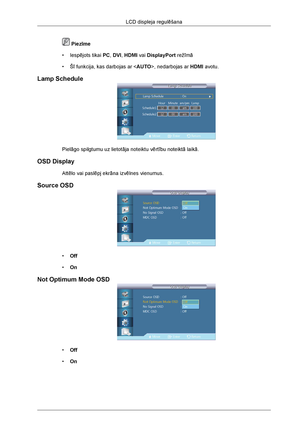 Samsung LH46DRBPLBB/EN manual Lamp Schedule, OSD Display, Source OSD, Not Optimum Mode OSD 