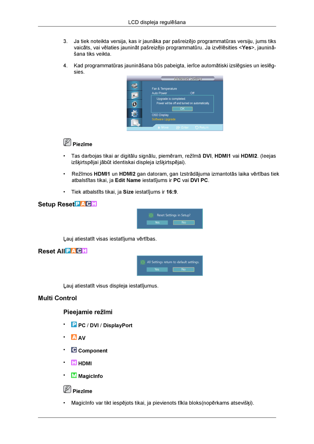 Samsung LH46DRBPLBB/EN manual Setup Reset, Reset All, Multi Control Pieejamie režīmi 