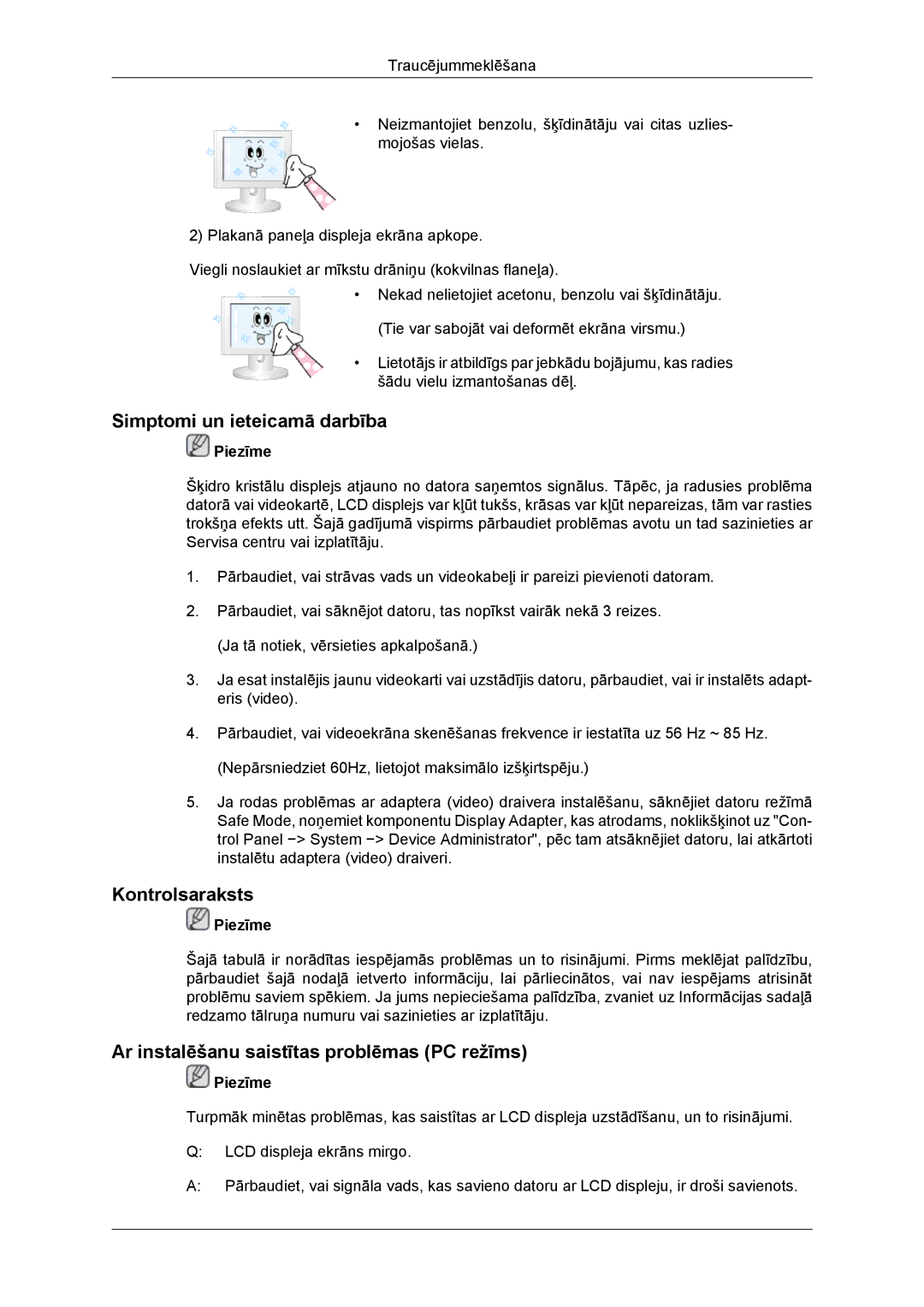 Samsung LH46DRBPLBB/EN manual Simptomi un ieteicamā darbība, Kontrolsaraksts, Ar instalēšanu saistītas problēmas PC režīms 