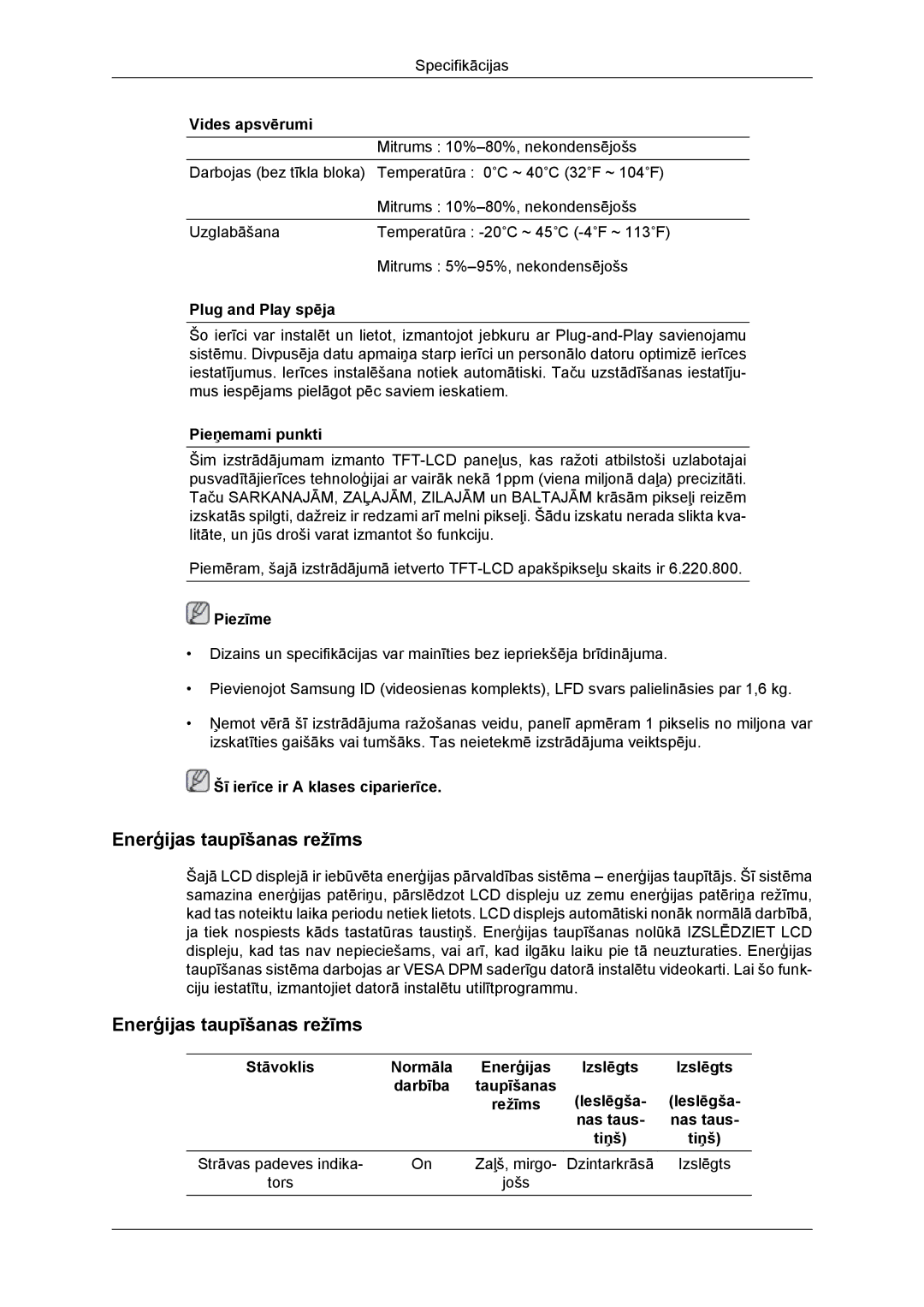 Samsung LH46DRBPLBB/EN manual Enerģijas taupīšanas režīms 