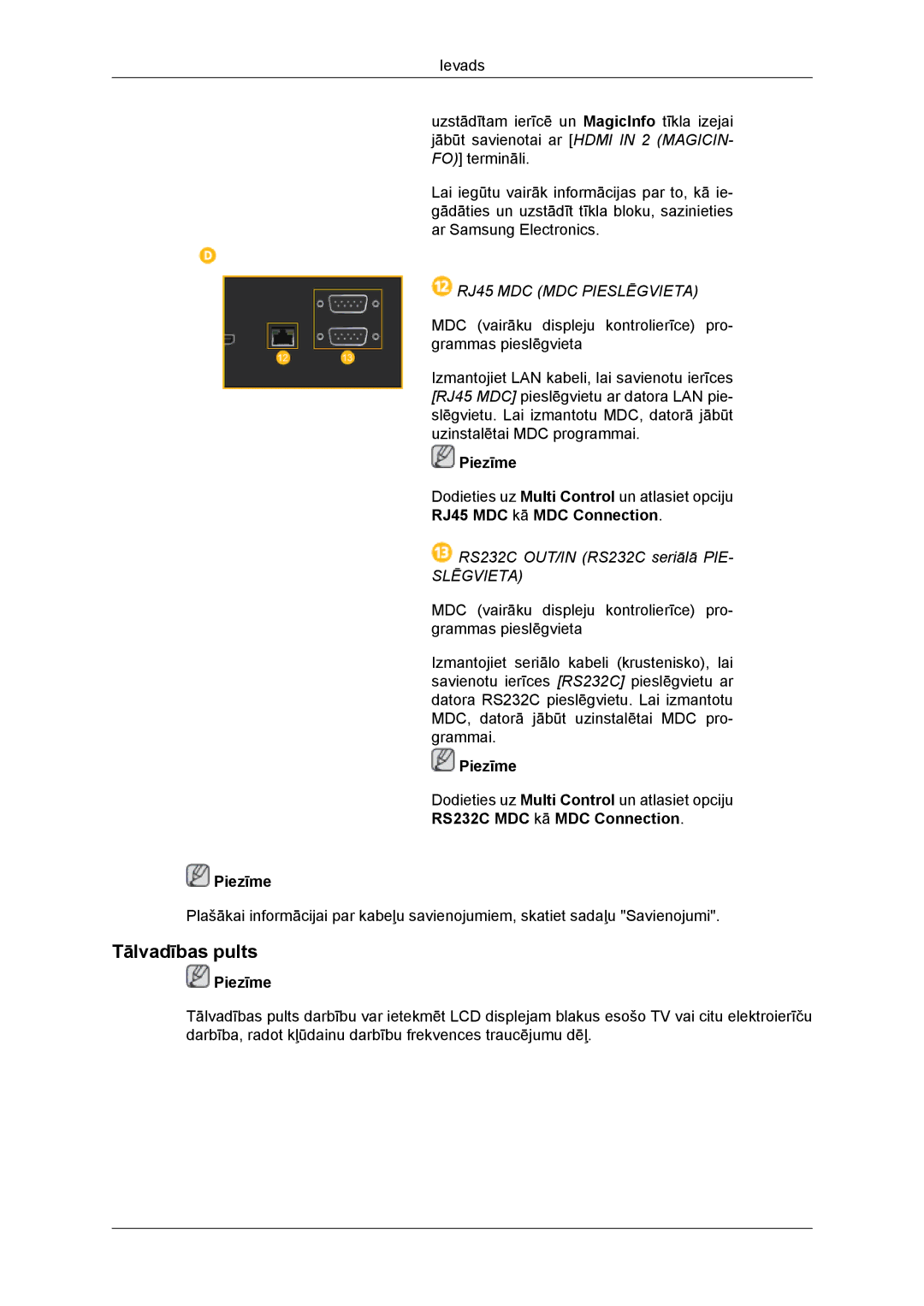 Samsung LH46DRBPLBB/EN manual Tālvadības pults, RJ45 MDC kā MDC Connection, RS232C MDC kā MDC Connection Piezīme 