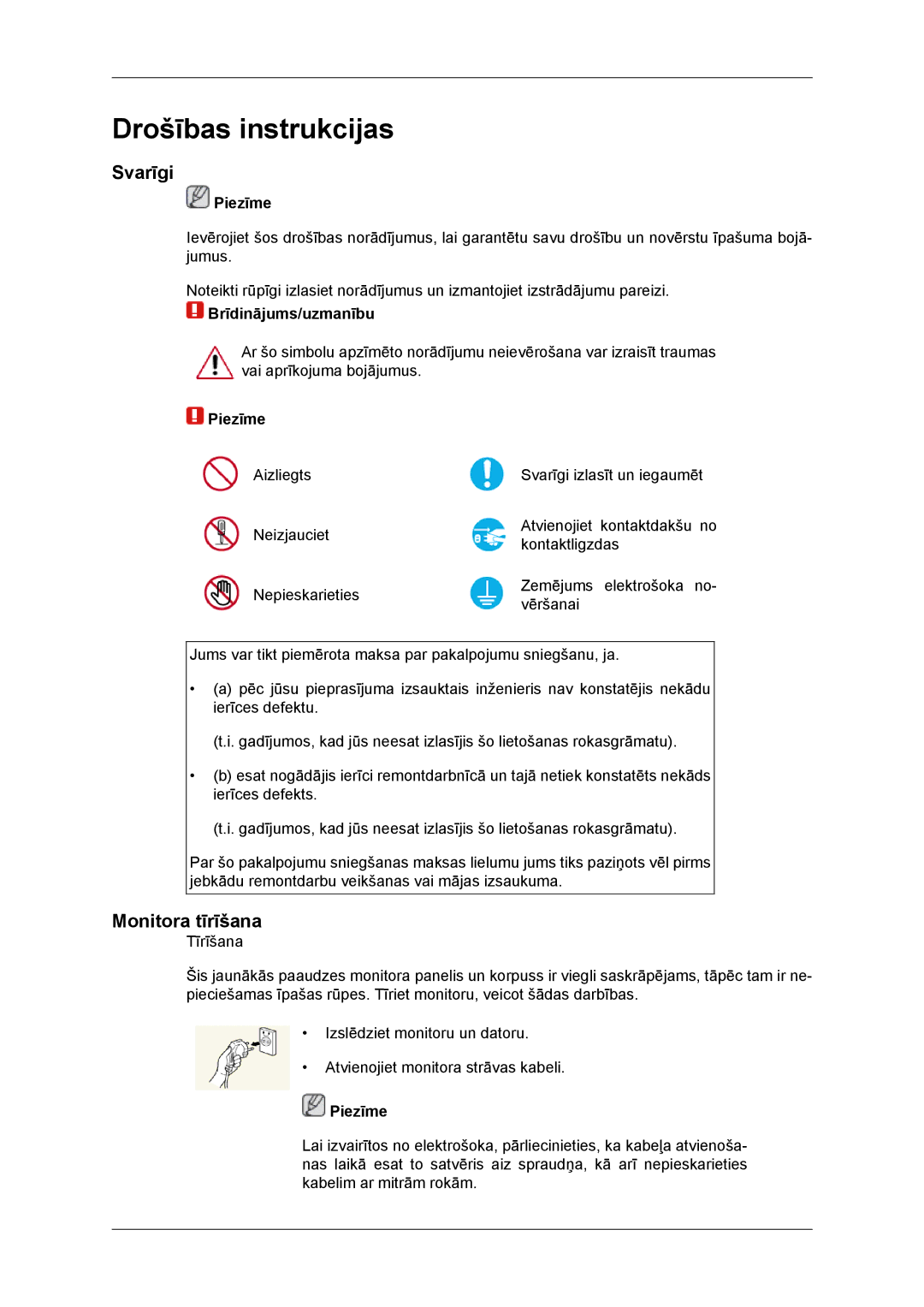 Samsung LH46DRBPLBB/EN manual Svarīgi, Monitora tīrīšana, Piezīme, Brīdinājums/uzmanību 