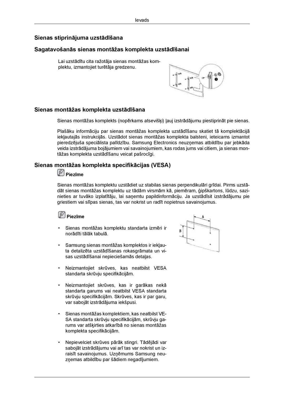 Samsung LH46DRBPLBB/EN manual Sienas montāžas komplekta uzstādīšana, Sienas montāžas komplekta specifikācijas Vesa 