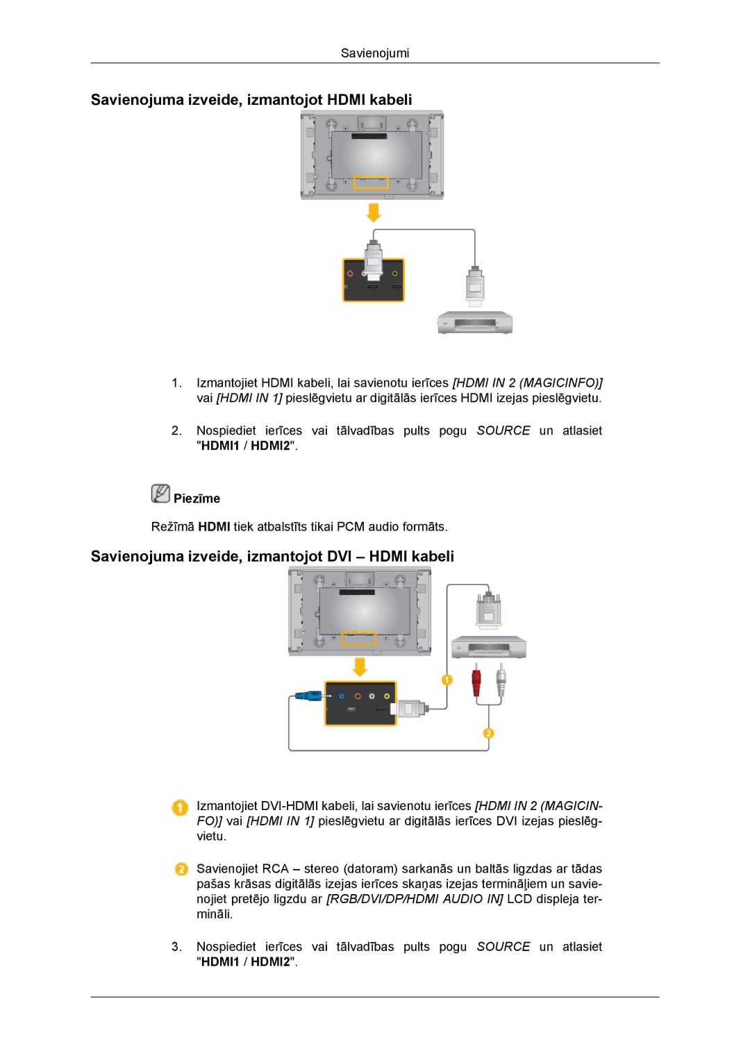 Samsung LH46DRBPLBB/EN manual Savienojuma izveide, izmantojot Hdmi kabeli, Savienojuma izveide, izmantojot DVI Hdmi kabeli 