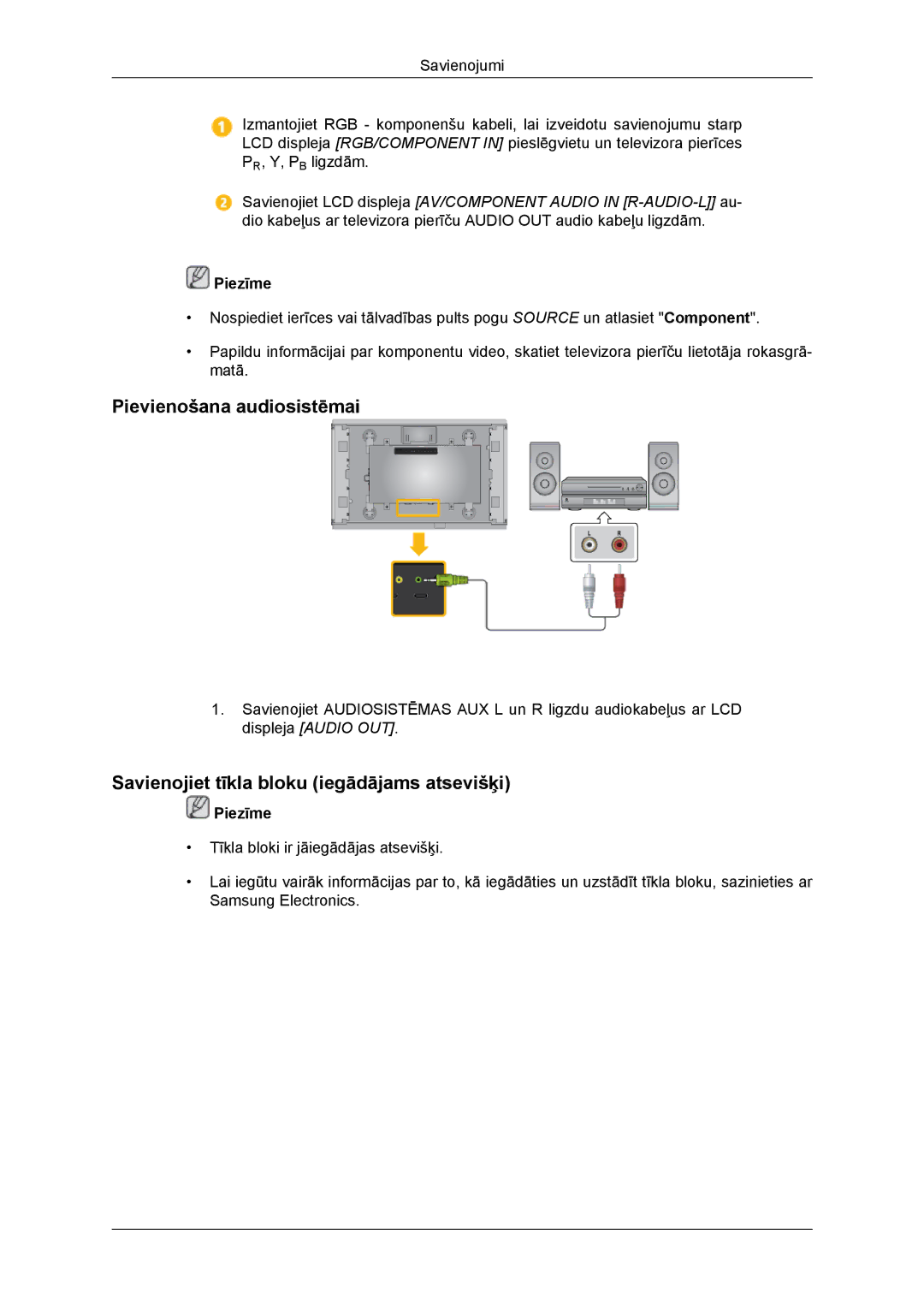 Samsung LH46DRBPLBB/EN manual Pievienošana audiosistēmai, Savienojiet tīkla bloku iegādājams atsevišķi 