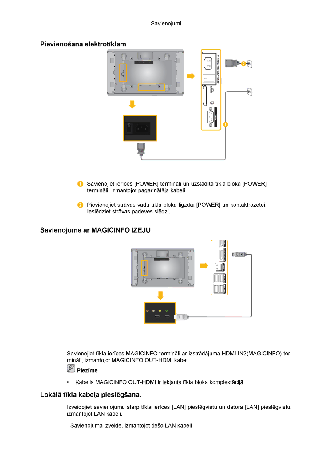 Samsung LH46DRBPLBB/EN manual Pievienošana elektrotīklam, Savienojums ar Magicinfo Izeju, Lokālā tīkla kabeļa pieslēgšana 