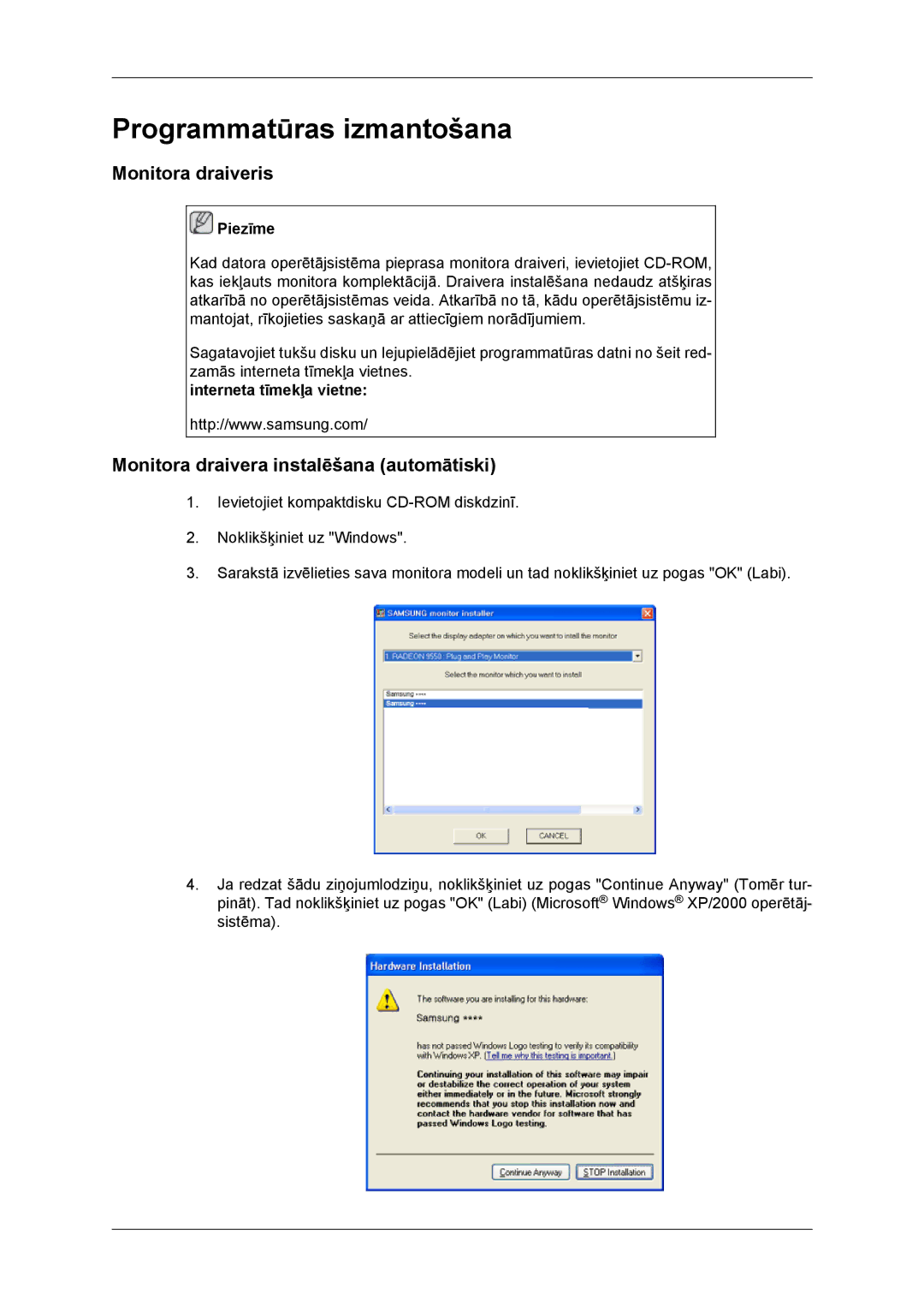 Samsung LH46DRBPLBB/EN manual Monitora draiveris, Monitora draivera instalēšana automātiski, Interneta tīmekļa vietne 