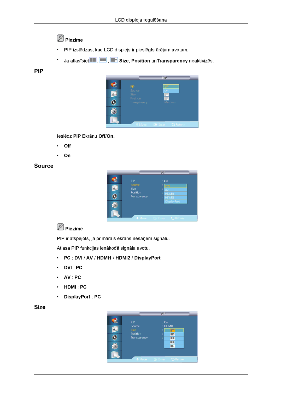 Samsung LH46DRBPLBB/EN manual Source, Size, Off, PC DVI / AV / HDMI1 / HDMI2 / DisplayPort DVI PC AV PC, DisplayPort PC 