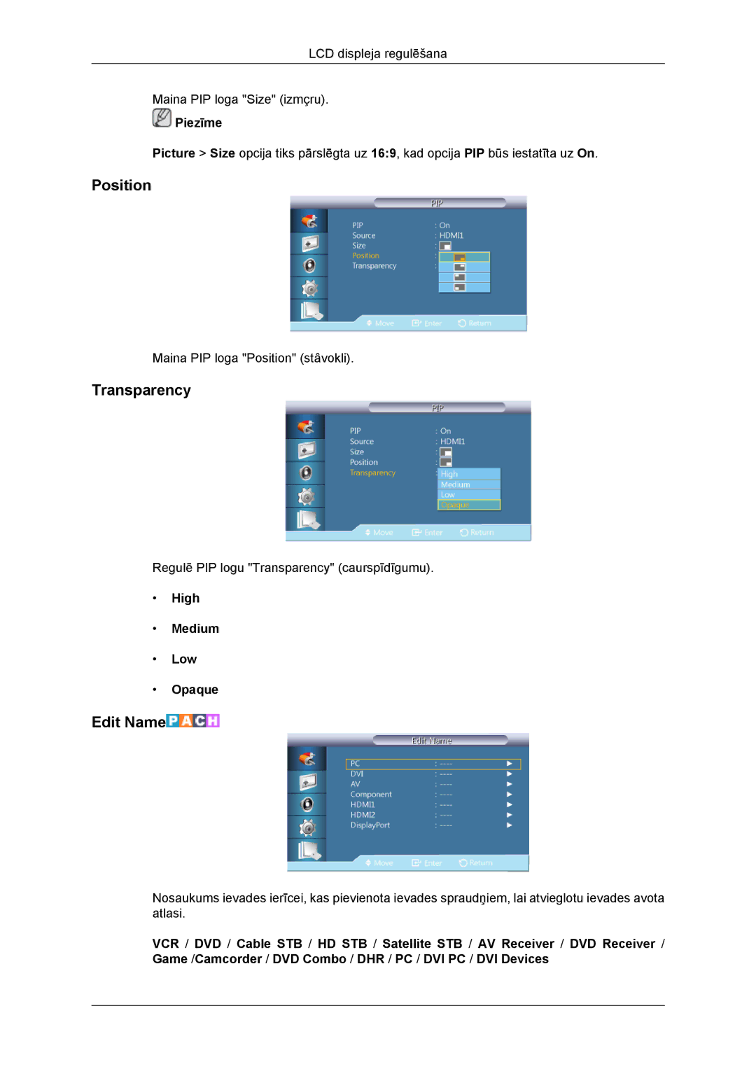 Samsung LH46DRBPLBB/EN manual Position, Transparency, Edit Name, High Medium Low Opaque 