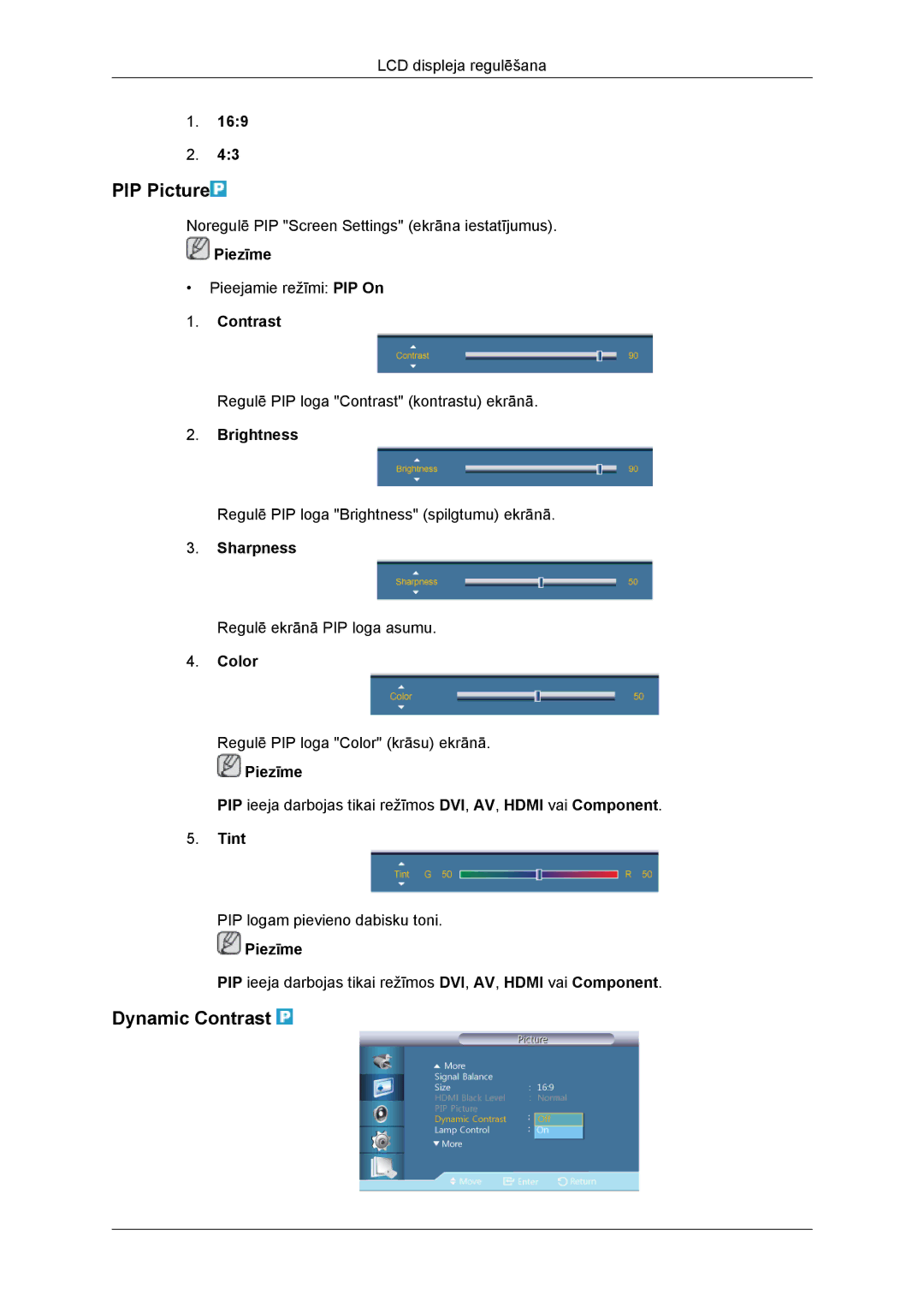 Samsung LH46DRBPLBB/EN manual PIP Picture, Dynamic Contrast, Color, Tint 