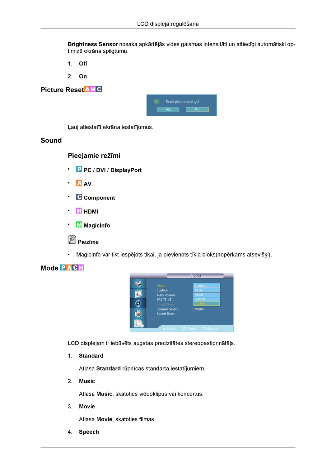 Samsung LH46DRBPLBB/EN manual Sound Pieejamie režīmi, Music, Speech 