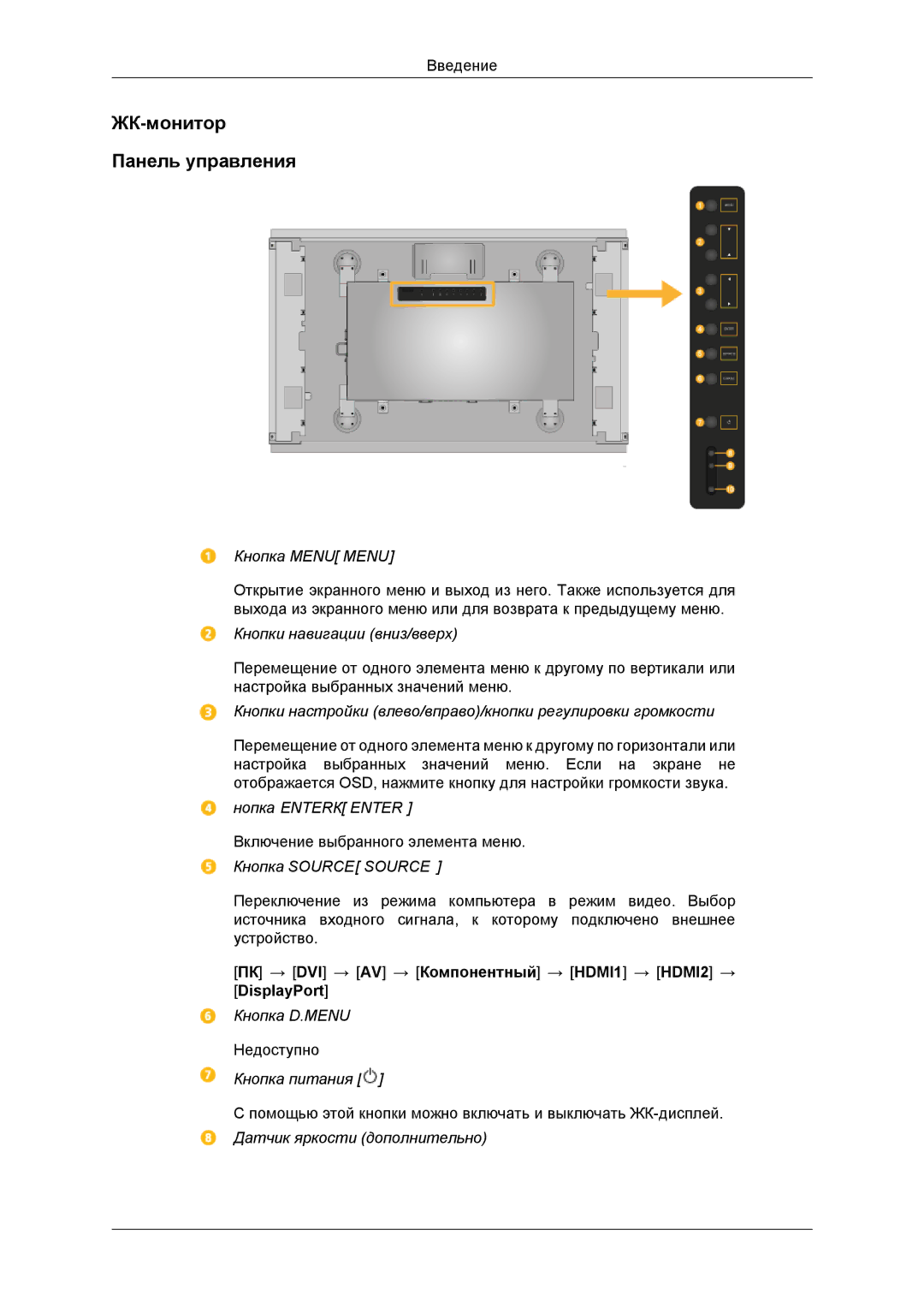 Samsung LH46DRBPLBB/EN manual ЖК-монитор Панель управления, Кнопка Menu Menu 