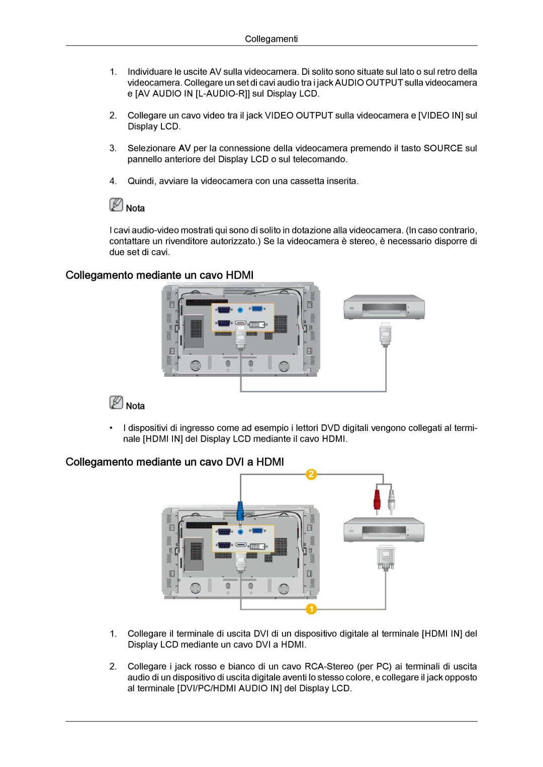 Samsung LH46DRPPBE/EN manual Collegamento mediante un cavo Hdmi, Collegamento mediante un cavo DVI a Hdmi 