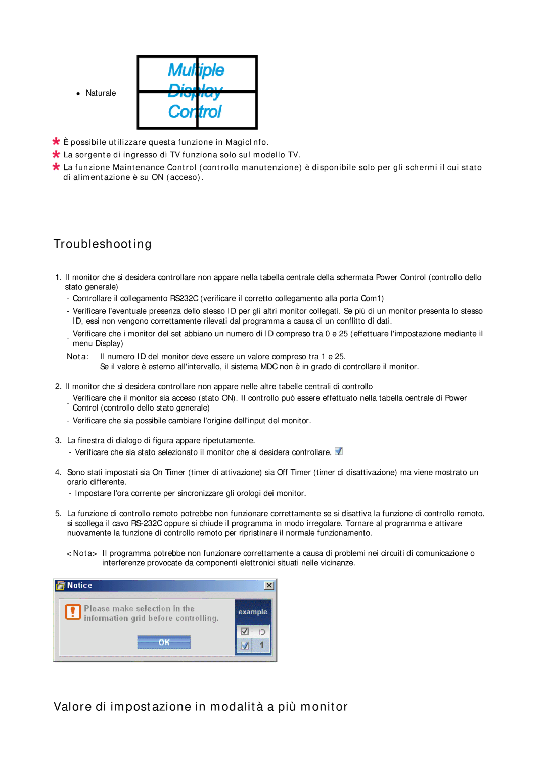 Samsung LH46DRPPBE/EN manual Troubleshooting, Valore di impostazione in modalità a più monitor 