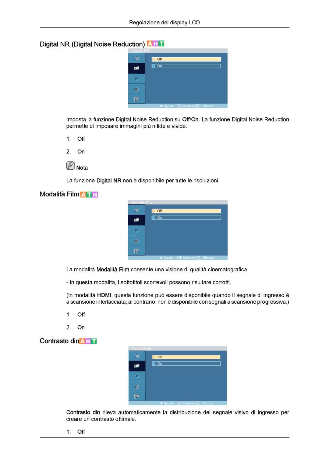Samsung LH46DRPPBE/EN manual Digital NR Digital Noise Reduction, Modalità Film, Off Nota 
