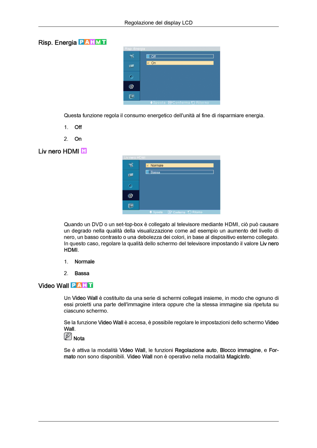 Samsung LH46DRPPBE/EN manual Risp. Energia, Liv nero Hdmi, Video Wall, Normale Bassa 