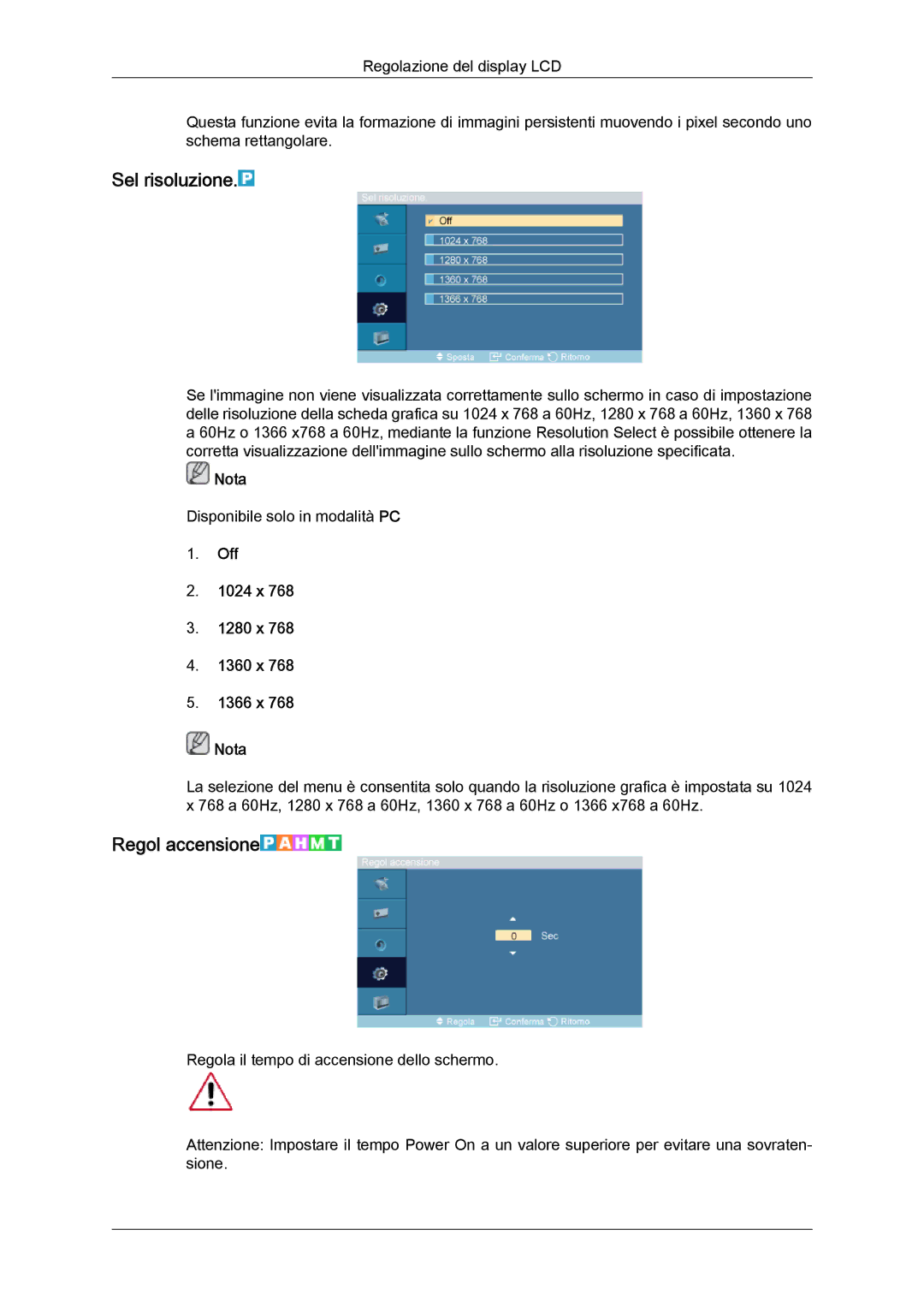 Samsung LH46DRPPBE/EN manual Sel risoluzione, Regol accensione, Off 1024 x 1280 x 1360 x 1366 x Nota 