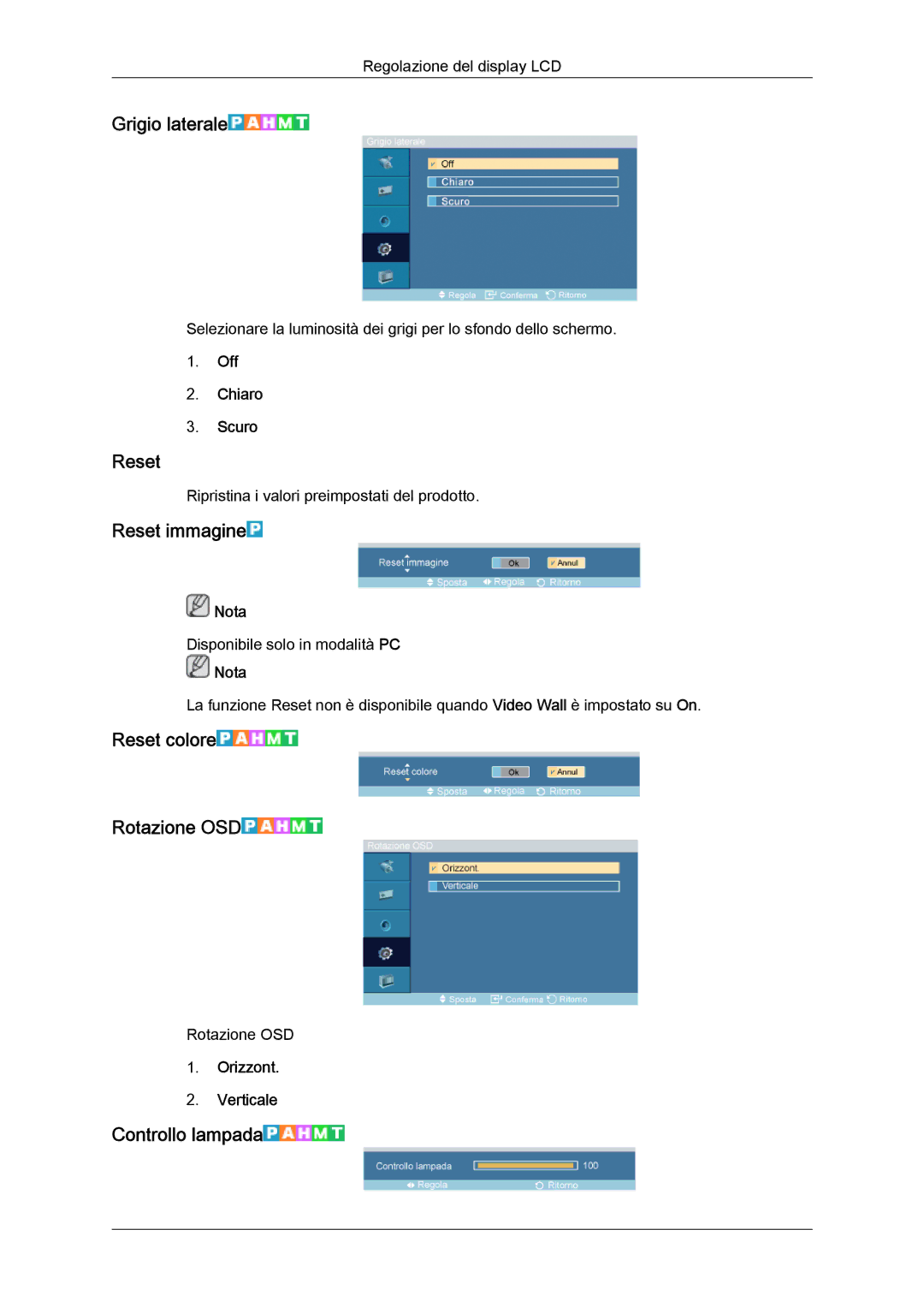 Samsung LH46DRPPBE/EN manual Grigio laterale, Reset immagine, Reset colore Rotazione OSD, Controllo lampada 