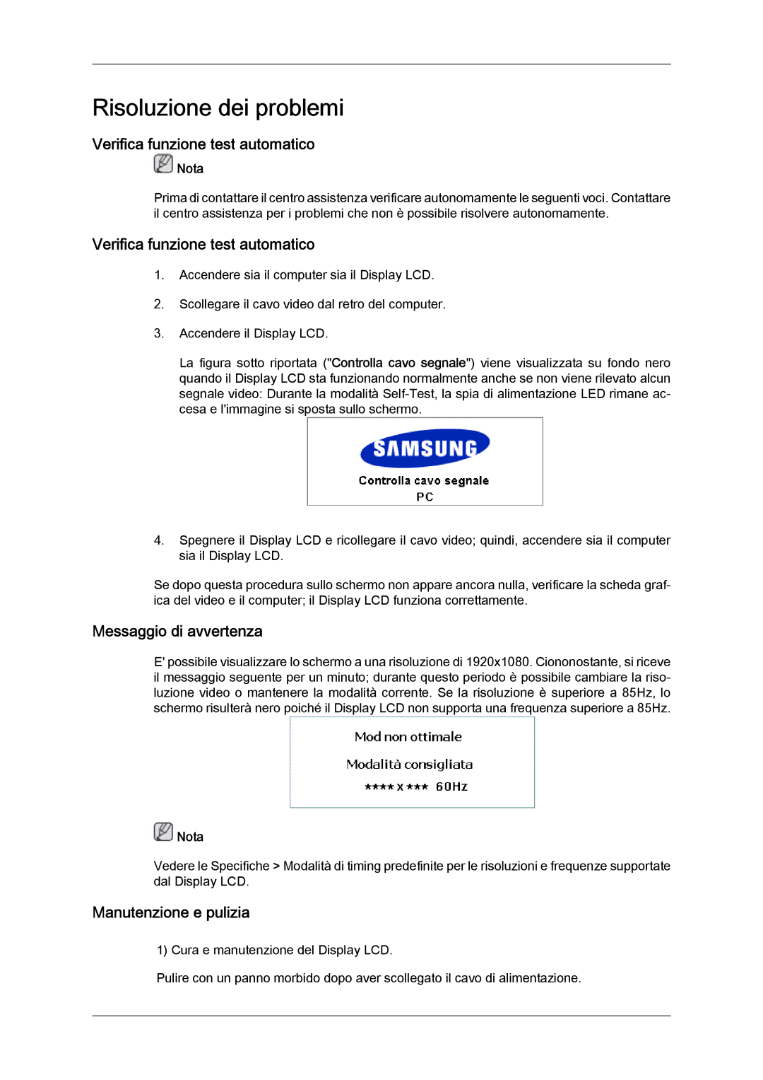 Samsung LH46DRPPBE/EN manual Risoluzione dei problemi, Verifica funzione test automatico, Messaggio di avvertenza 