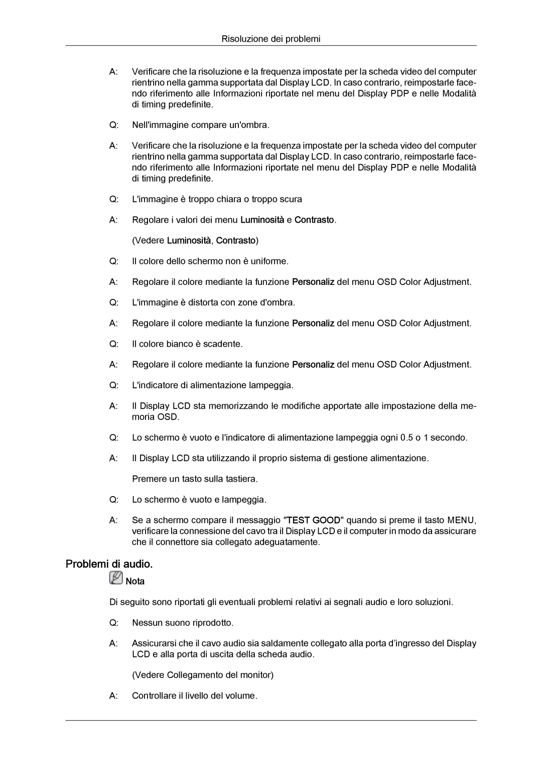 Samsung LH46DRPPBE/EN manual Problemi di audio 